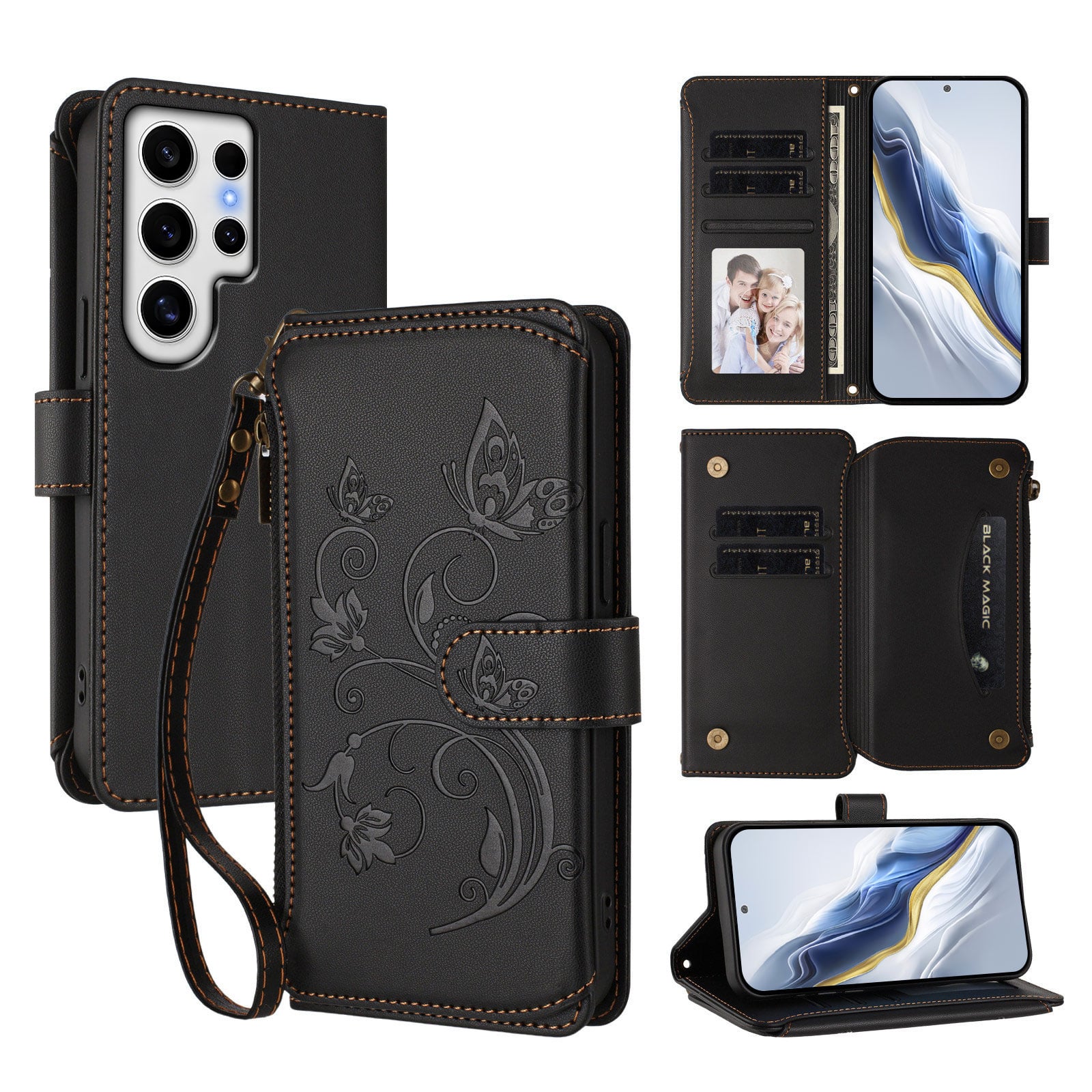 Dteck - Crossbody Wallet Case for Samsung Galaxy S24 Ultra,Embossed Butterfly Flower Folio Cover with Zipper Pocket+Strap - Black