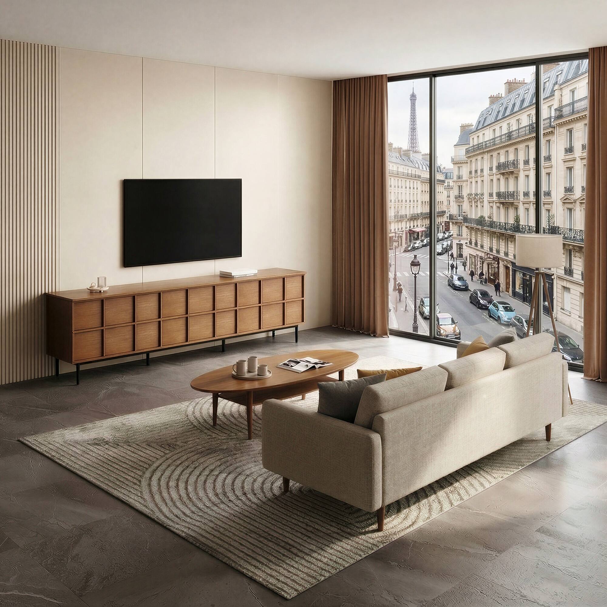 Alt View 4. luck idea - 86.61" Modern TV Stand, Waffle-Textured Front with 6 Drawers, Thickened Board Media Console, Metal Legs & Cable Holes - Walnut Color.