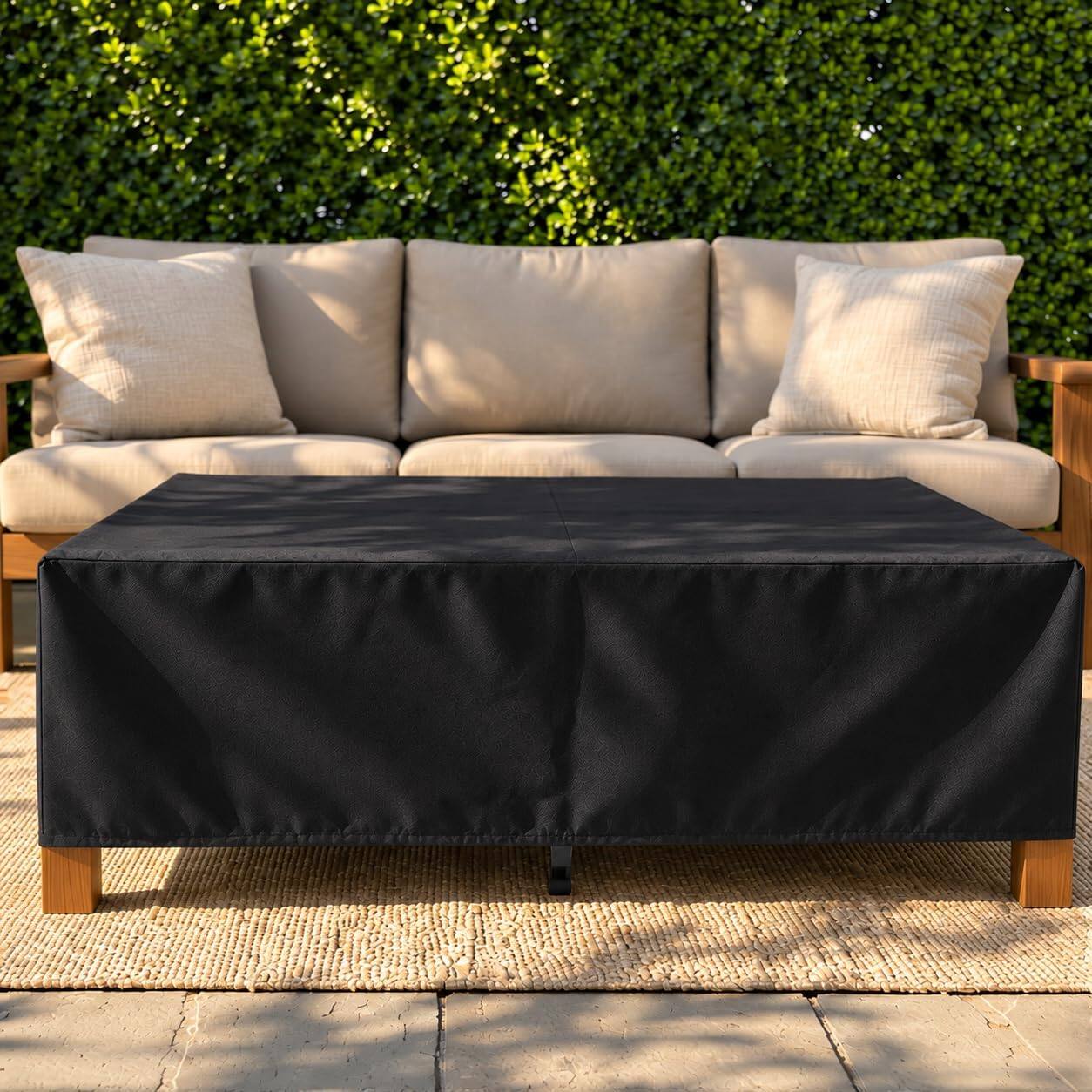 Alt View 3. KHOMO GEAR - Outdoor Coffee Table Cover - Heavy Duty, Water Resistant Rectangular Patio Coffee Table Cover - 48"L x 28"W x 13"H - Black.
