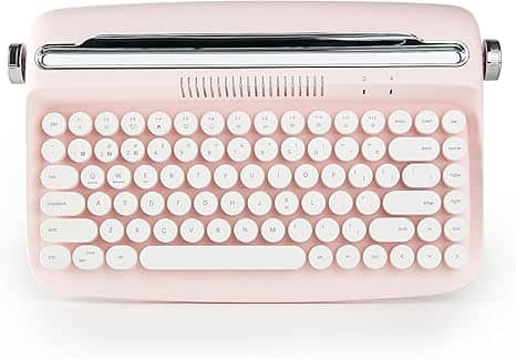 Wikistore - ACTTO B303 Wireless Keyboard, Retro Bluetooth Aesthetic Typewriter Style Keyboard with Integrated Stand for Multi-Device - Pink