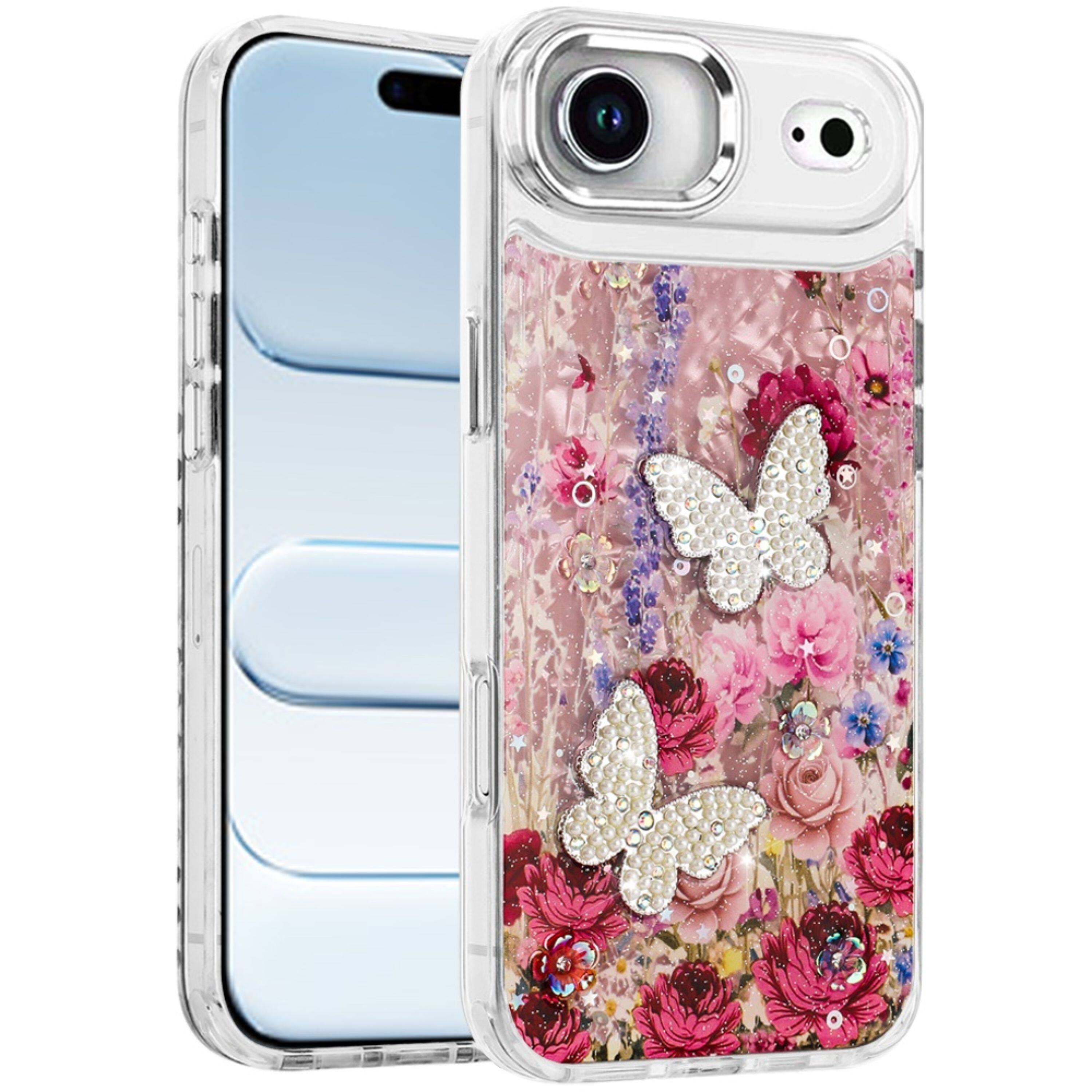 Left. Kitcheniva - 3D Beaded Butterflies Design Epoxy Glitter Phone Case With Tempered Glass For iPhone Air - Multicolor.