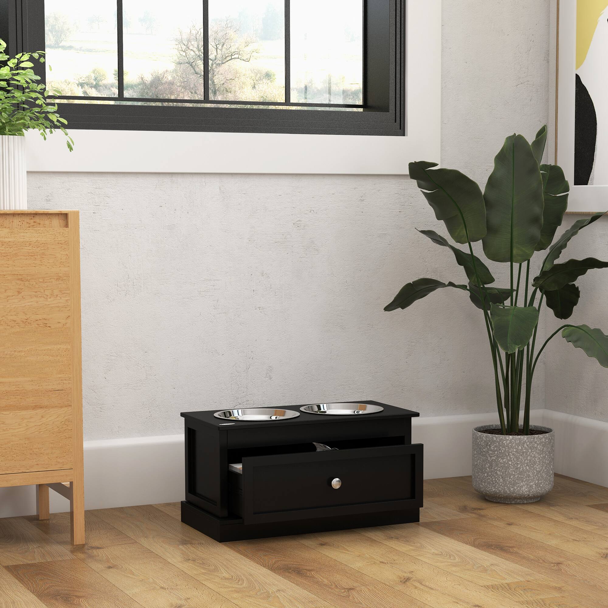 Alt View 5. Pawhut - Large Elevated Dog Bowls with Drawer Containing 11L Capacity, Bowl Stand, Food Bowl, Feeding Station - Black.