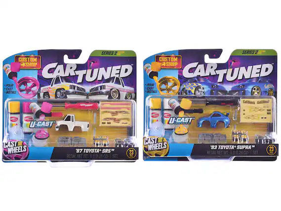 **Series 2 Custom Kits**
**Custom Shop Car Tuned**
- Pour
- Cast
- Install
**U-Cast Technology**
**Cast Your Own Wheels**
**'87 Toyota SR5™**
- Resin: Net Wt.: 8 g (0.28 oz)
- 1 Set
- 23 PCS
**'93 Toyota Supra™**
- Resin: Net Wt.: 8 g (0.28 oz)
- 1 Set
- 23 PCS