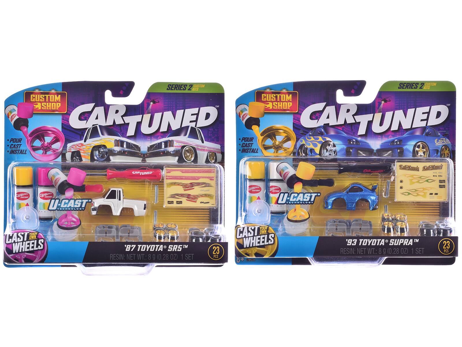 **Series 2 Custom Kits**

**Custom Shop Car Tuned**

- Pour
- Cast
- Install

**U-Cast Technology**

**Cast Your Own Wheels**

**'87 Toyota SR5™**
- Resin: Net Wt.: 8 g (0.28 oz)
- 1 Set
- 23 PCS

**'93 Toyota Supra™**
- Resin: Net Wt.: 8 g (0.28 oz)
- 1 Set
- 23 PCS