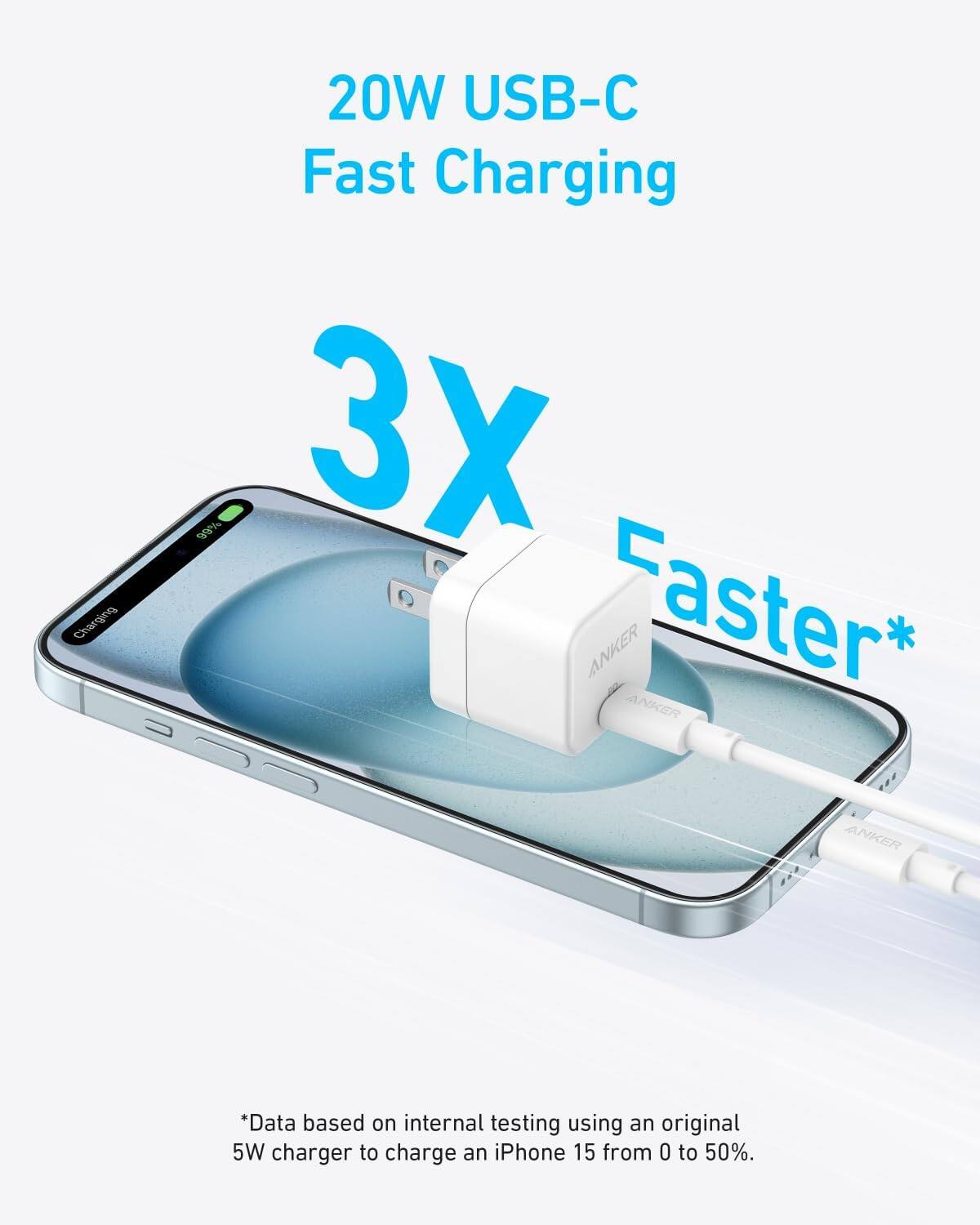 20W USB-C Fast Charging

3X Faster*

*Data based on internal testing using an original 5W charger to charge an iPhone 15 from 0 to 50%.