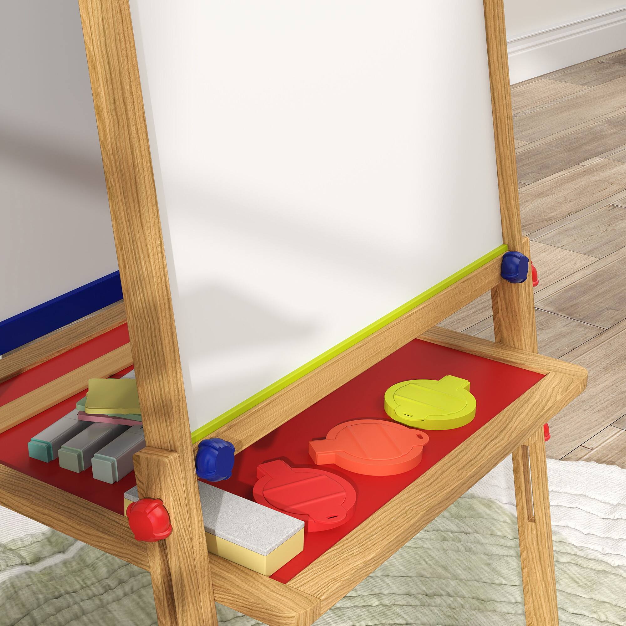 Alt View 5. Qaba - Qaba 3 in 1 Kids Wooden Art Easel with Paper Roll, Whiteboard, Chalkboard, Storage Tray, Painting Accessories.