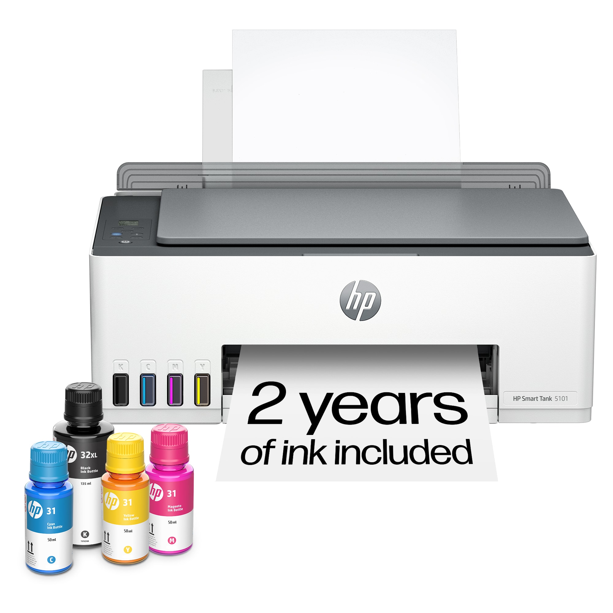 HP Smart Tank 5101  
2 years of ink included  

HP 31  
Cyan  
50 ml  

HP 31  
Magenta  
50 ml  

HP 31  
Yellow  
50 ml  

HP 31  
Black  
125 ml  

HP 31  
Black  
32XL  
125 ml