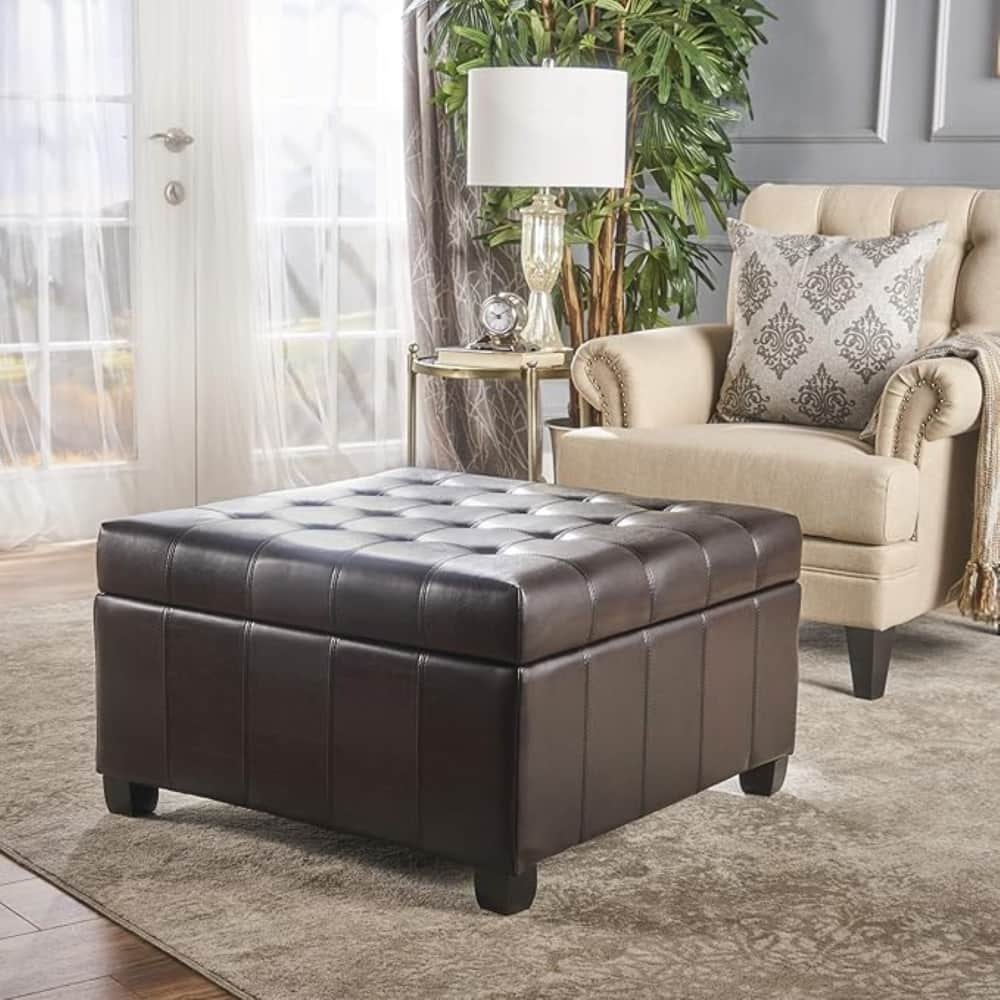 PDTEND - Modern Upholstered Tufted PU Leather Storage Ottoman - Dark Brown