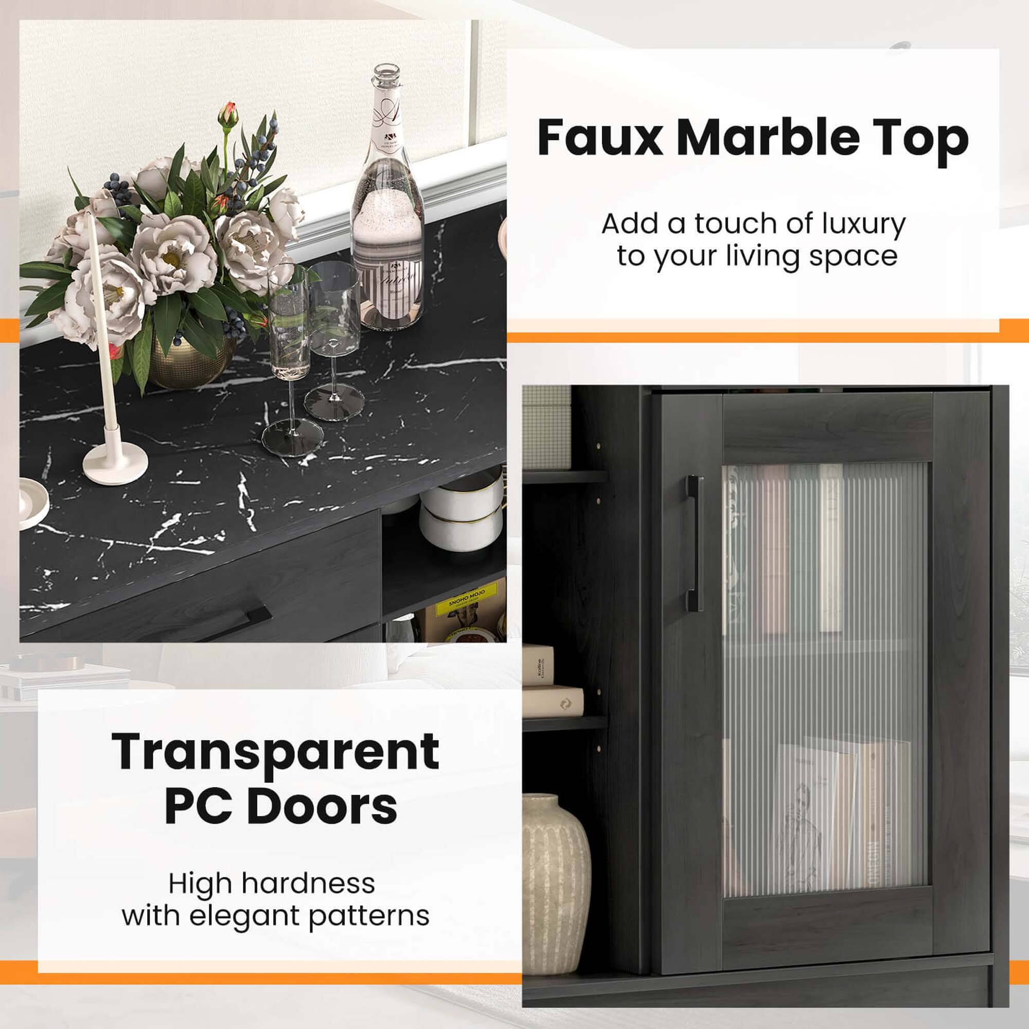 A Faux Marble Top Add a touch of luxury to your living space. Transparent PC Doors High hardness with elegant patterns.