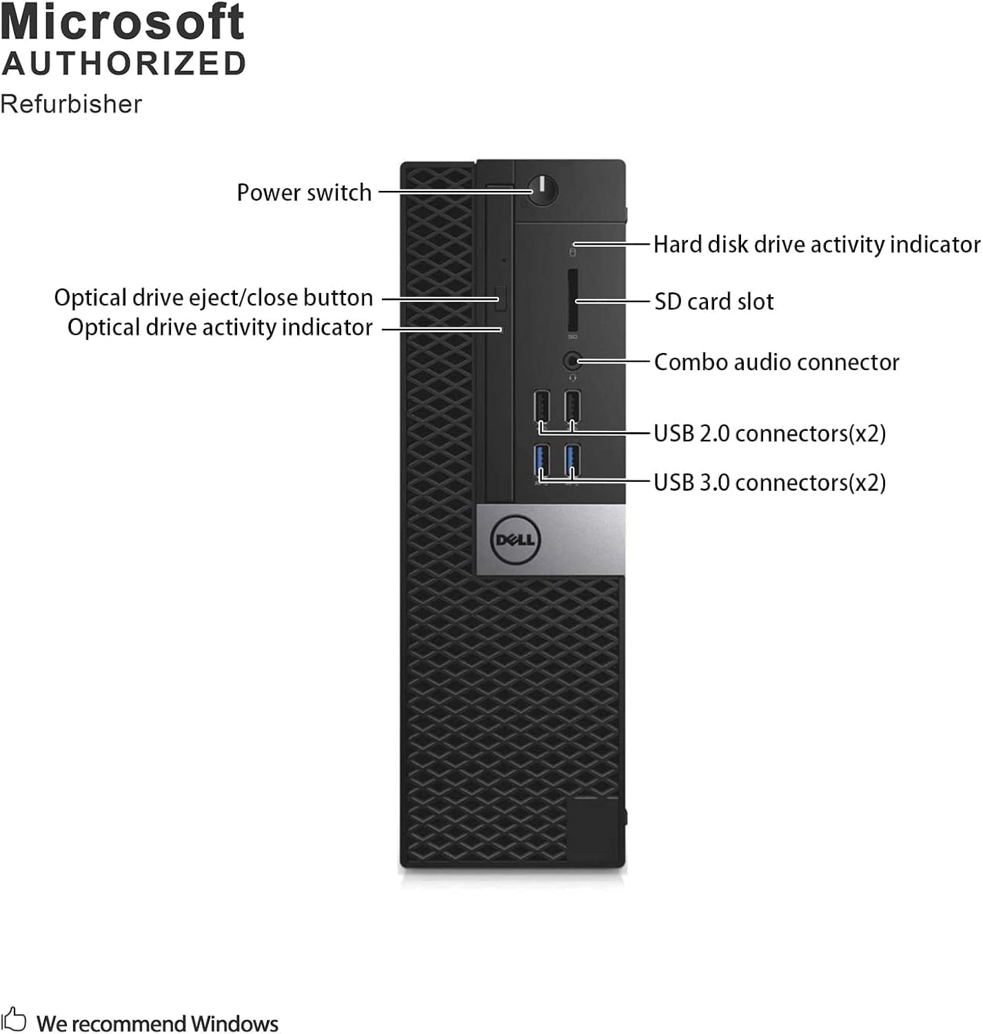 Microsoft AUTHORIZED Refurbisher

- Power switch
- Optical drive eject/close button
- Optical drive activity indicator
- Hard disk drive activity indicator
- SD card slot
- Combo audio connector
- USB 2.0 connectors (x2)
- USB 3.0 connectors (x2)

DELL

We recommend Windows