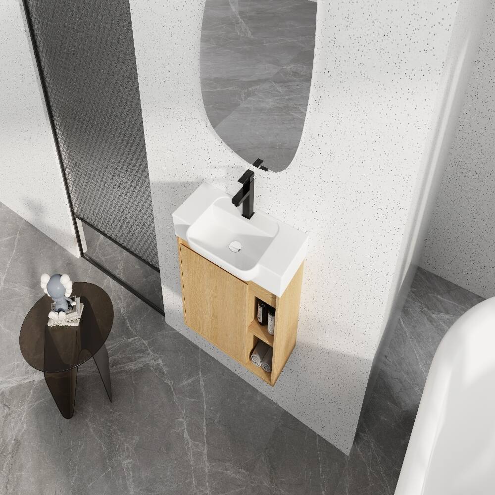 Alt View 1. Loheer - Loheer 24 inch wall mounted bathroom vanity Light Oak Floating Vanity with White Ceramic Sink - Light Oak.