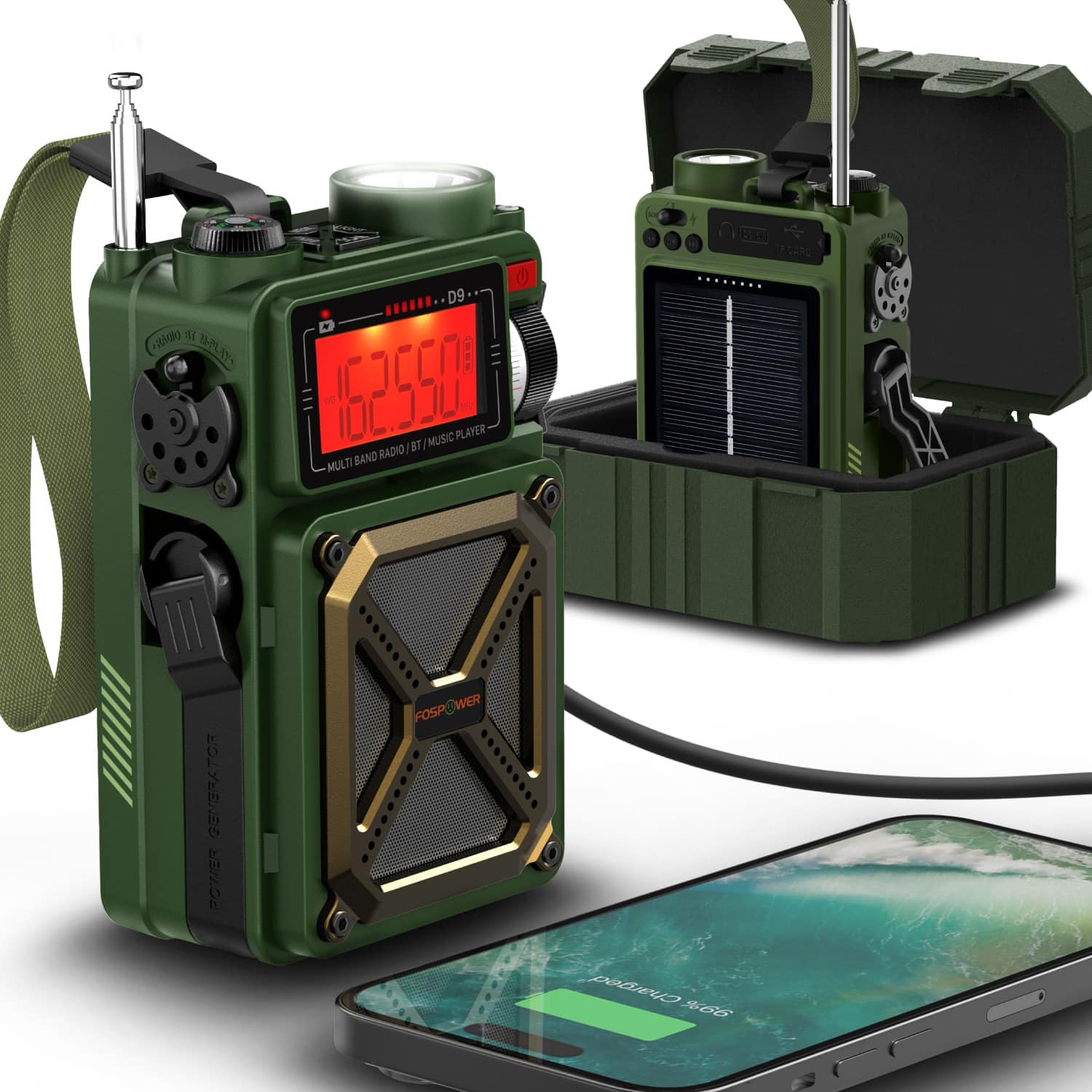 FosPower - Hand Crank Emergency Radio 14800mWh Power Bank, NOAA Weather Radio IPX3 AM/FM/WB Flashlight Charger Alarm Bluetooth 5.4 - Green