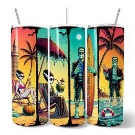 OrnamentallyYou - Frankenstein's Summer Beach Vacation 20oz Tumbler With Lid and Stainless Steel Straw - Multicolored