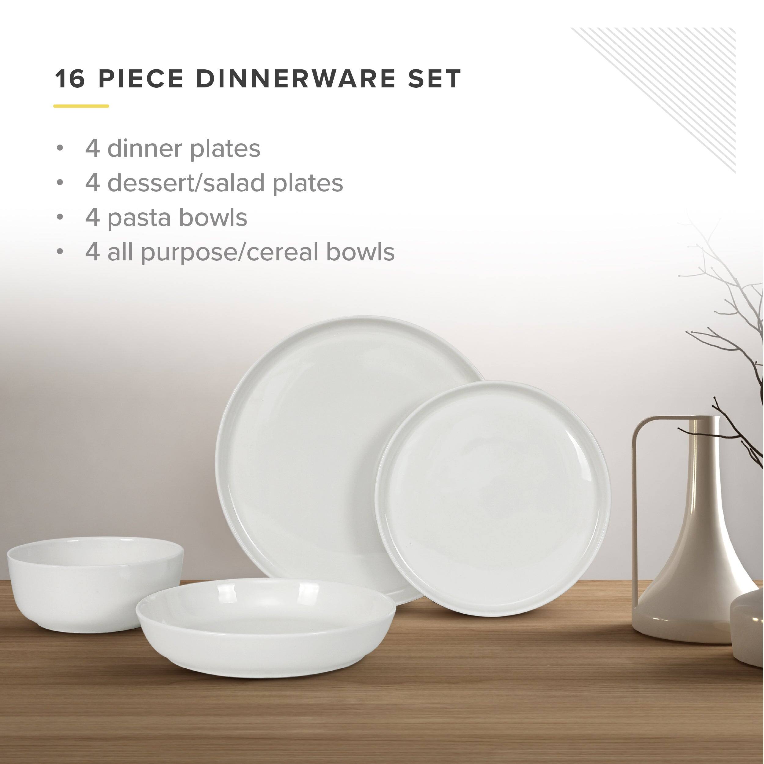 16 PIECE DINNERWARE SET
4 dinner plates
4 dessert/salad plates
4 pasta bowls
4 all purpose/cereal bowls