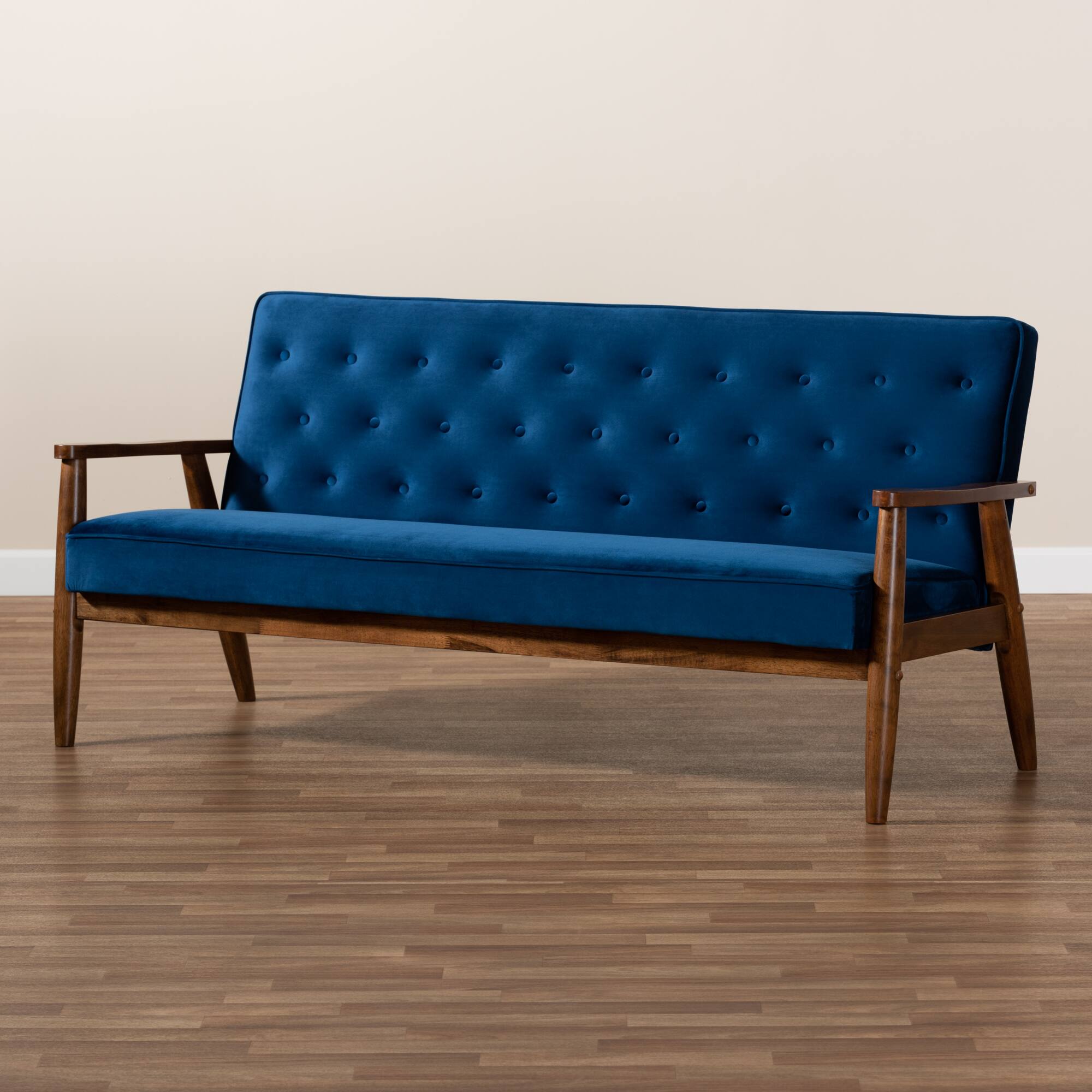 Alt View 4. Baxton Studio - Sorrento Mid-century Modern Velvet Fabric Upholstered Walnut Finished Wooden 3-seater Sofa - Navy Blue/Brown.