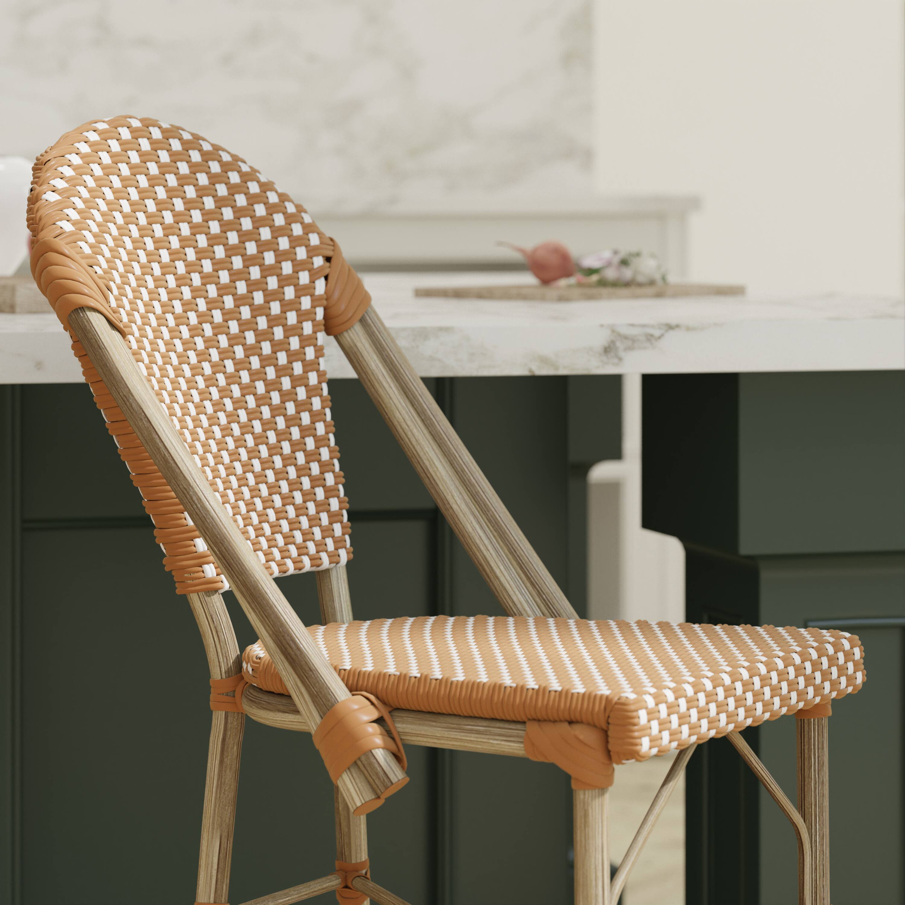 Alt View 4. Emma + Oliver - Colmar Set of Two Indoor/Outdoor 26" High Stacking Bistro Counter Stools with Patterned Seat and Back and Metal Frames - Natural & White/Light Natural Frame.
