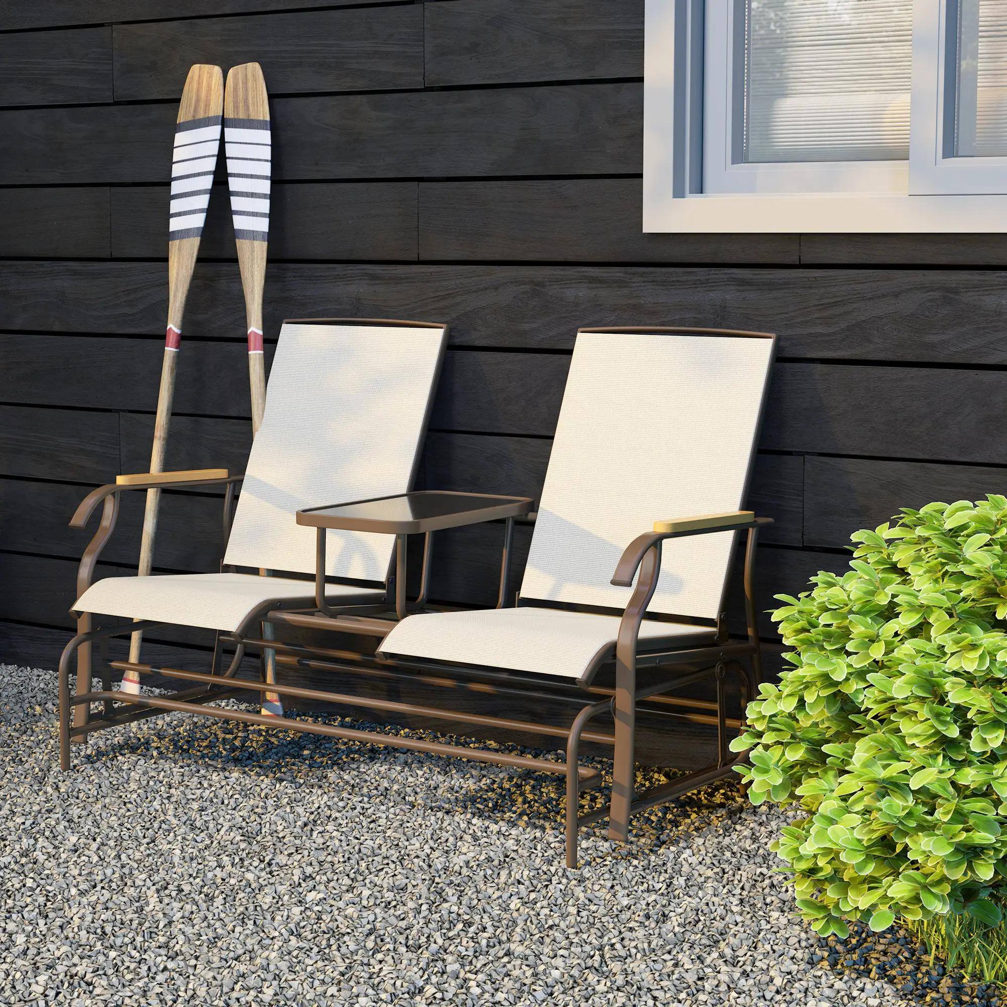 Back. Resenkos - Resenkos 2-Person Swing Bench, Outdoor Loveseat with Table, Steel Frame, Perfect for Relaxing on Deck,Cream White - Cream White.