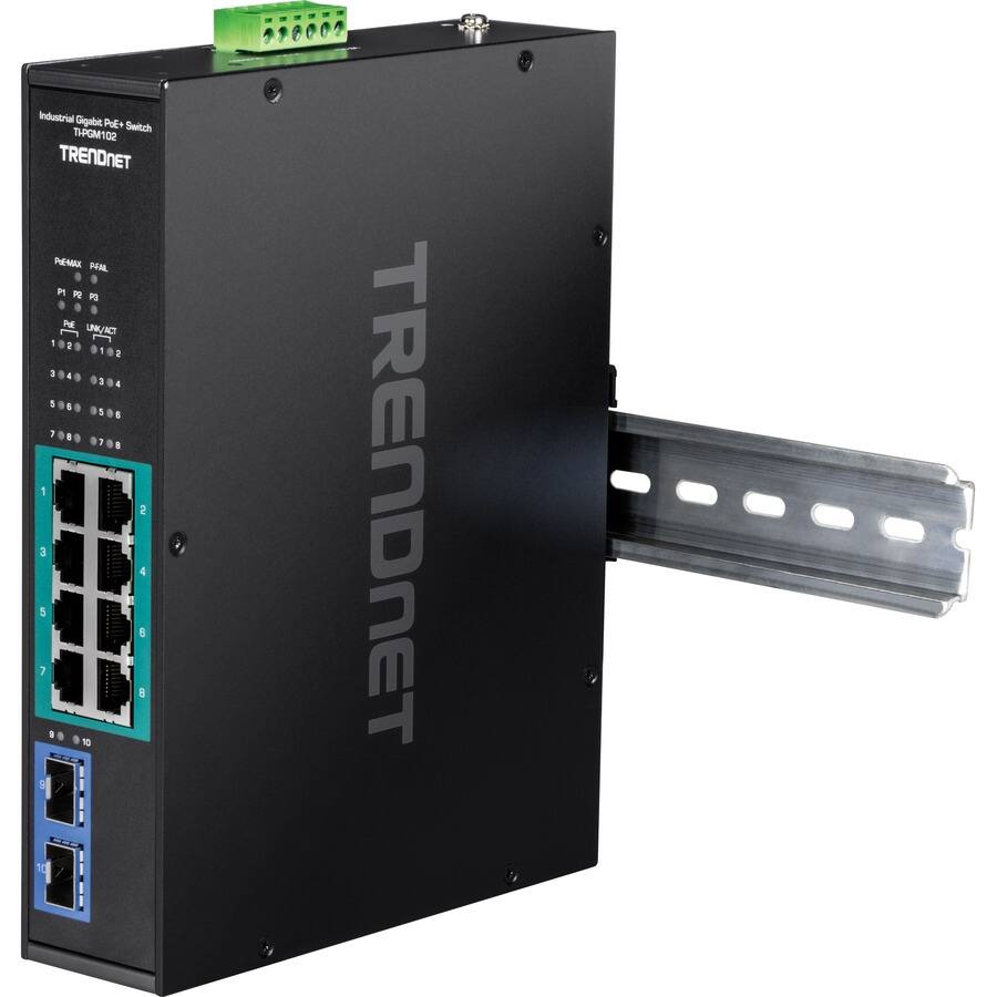 Industrial Gigabit PoE+ Switch  
TP-GM102  
TRENDNET  

PRE-MAX REAL  
P1 P2 P3  
PE LINK/ACT  
1020 1020  
3040 3040  
5060 5060  
7080 7080  

1 2 3 4 5 6 7 8  
9 10  

TRENDNET