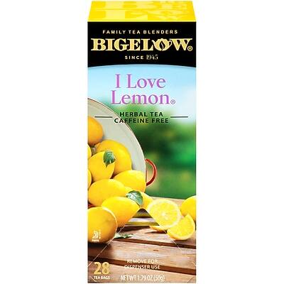 FAMILY TEA BLENDERS  
BIGELOW  
SINCE 1945  

I Love Lemon  
HERBAL TEA  
CAFFEINE FREE  

28 TEA BAGS  

REMOVE FOR DIFFERENT USE  

NET WT 1.79 OZ (58g)