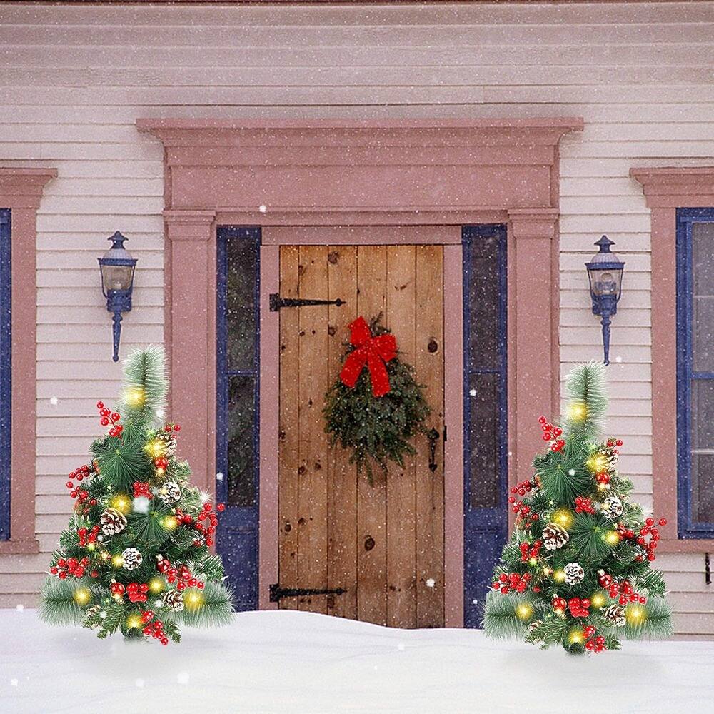 Back. RTMB - 2-Pack 2' Pre-Lit Christmas Trees, Battery Operated, Outdoor Yard Decor ✅ - Green,Red: Style: Traditional.