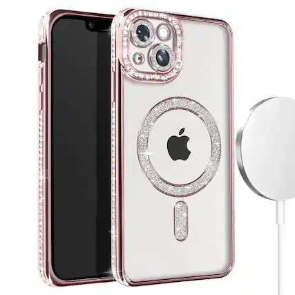 Front. Entronix - Entronix Magnetic iPhone 15 Plus Case with Clear Back and Luxury Diamond Design - Rose.