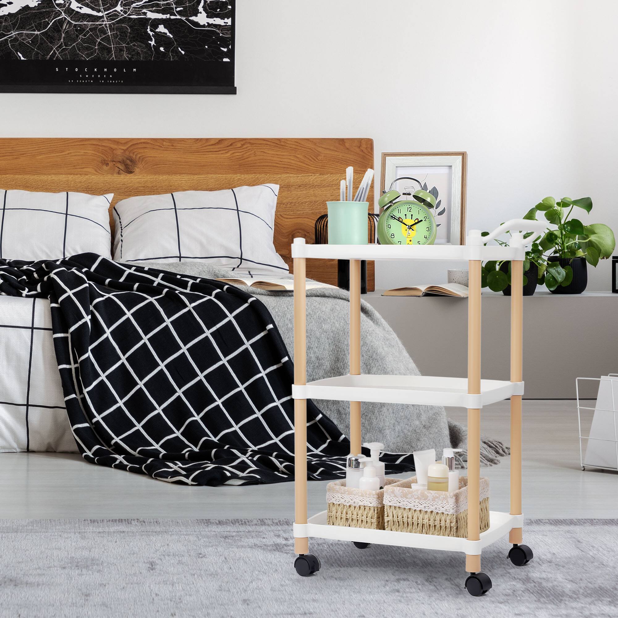 Alt View 2. Oumilen - 3-Tier Rolling Utility Cart with Wheels, White Plastic & Wood Tone - White.