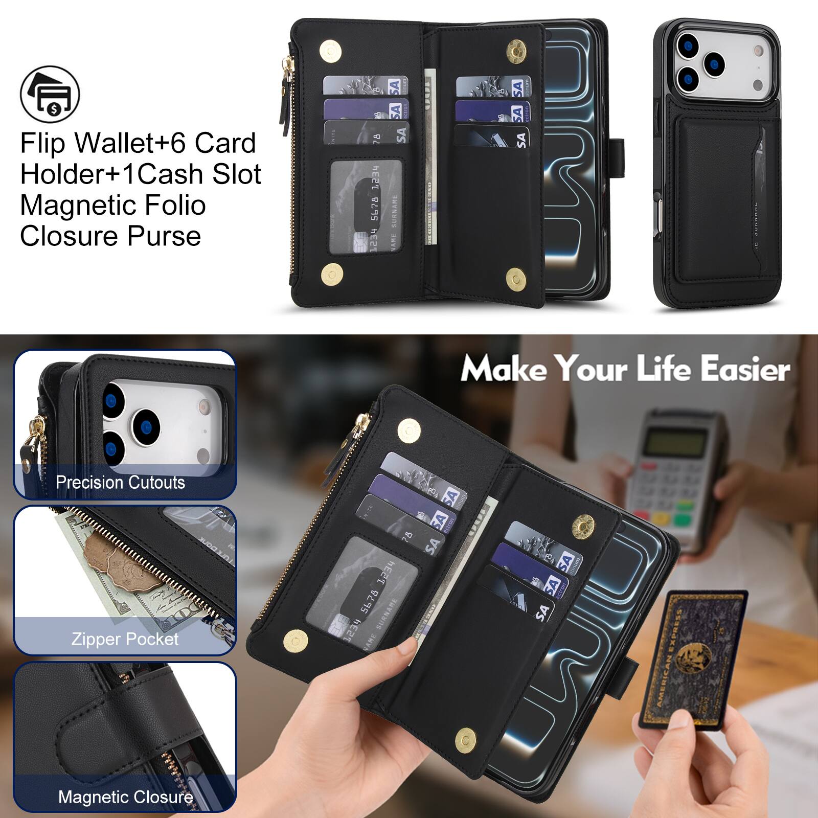 Flip Wallet+6 Card Holder+1Cash Slot Magnetic Folio Closure Purse Precision Cutouts Zipper Pocket Magnetic Closure

Make Your Life Easier