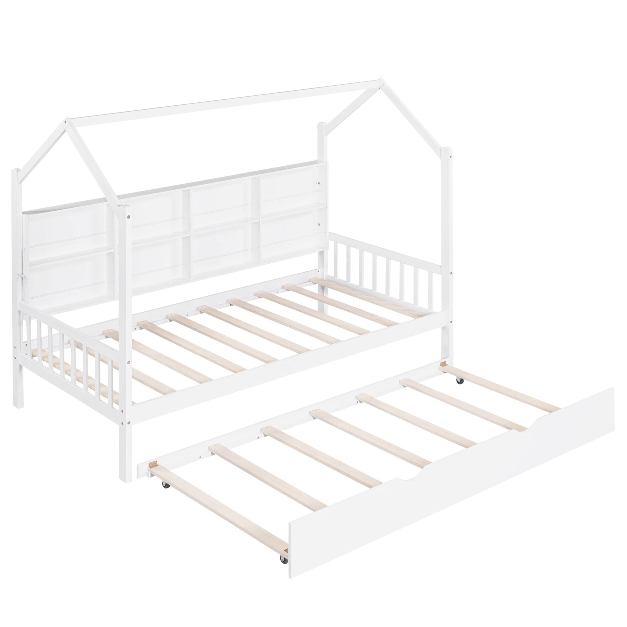 Alt View 5. GOODSILO - Wooden Twin Size Playhouse Bed with Trundle and Storage Shelf for Kids, Sturdy and Space-Saving Design - White.