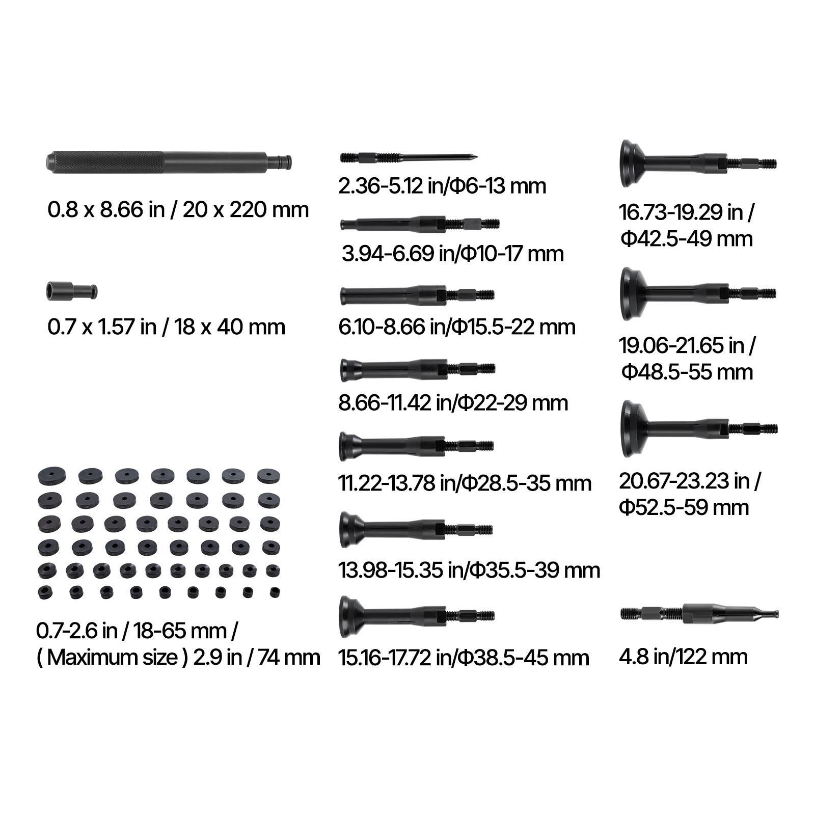 Sure, here is the corrected and grouped text:

- 0.8 x 8.66 in / 20 x 220 mm
- 0.7 x 1.57 in / 18 x 40 mm
- 2.36-5.12 in / 6-13 mm
- 3.94-6.69 in / 10-17 mm
- 6.10-8.66 in / 15.5-22 mm
- 8.66-11.42 in / 22-29 mm
- 11.22-13.78 in / 28.5-35 mm
- 13.98-15.35 in / 35.5-39 mm
- 16.73-19.29 in / 42.5-49 mm
- 19.06-21.65 in / 48.5-55 mm
- 20.67-23.23 in /