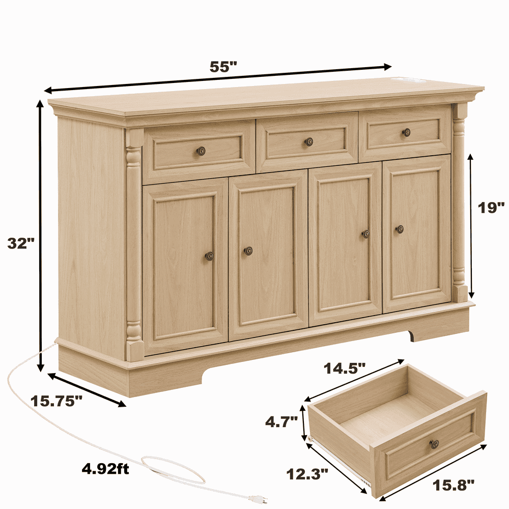 55" (width)  
32" (height)  
19" (depth)  
15.75" (front height)  
4.92ft (overall height)  
14.5" (drawer width)  
12.3" (drawer depth)  
15.8" (drawer height)  
4.7" (drawer front height)