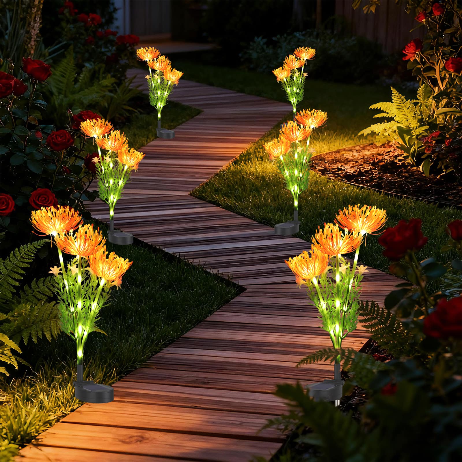 Oumilen - 6PCS Solar-Powered Flower Stake Lights - Decorative Outdoor Garden Pathway Lights with Artificial Blooms