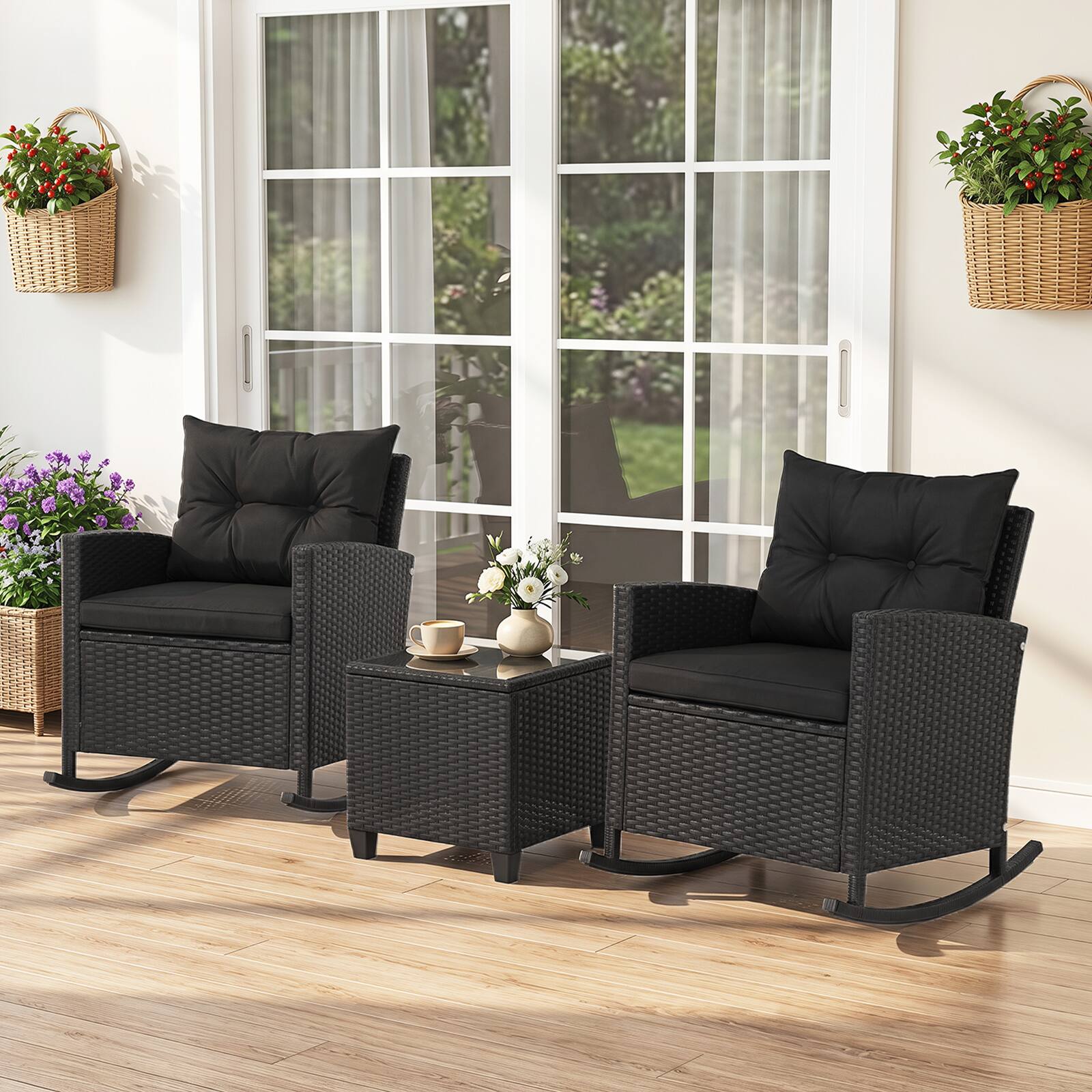 Alt View 4. Costway - Costway 3 PCS Patio Wicker Rocking Set with Tempered Glass Table & Soft Cushions Outdoor - Black + Black.
