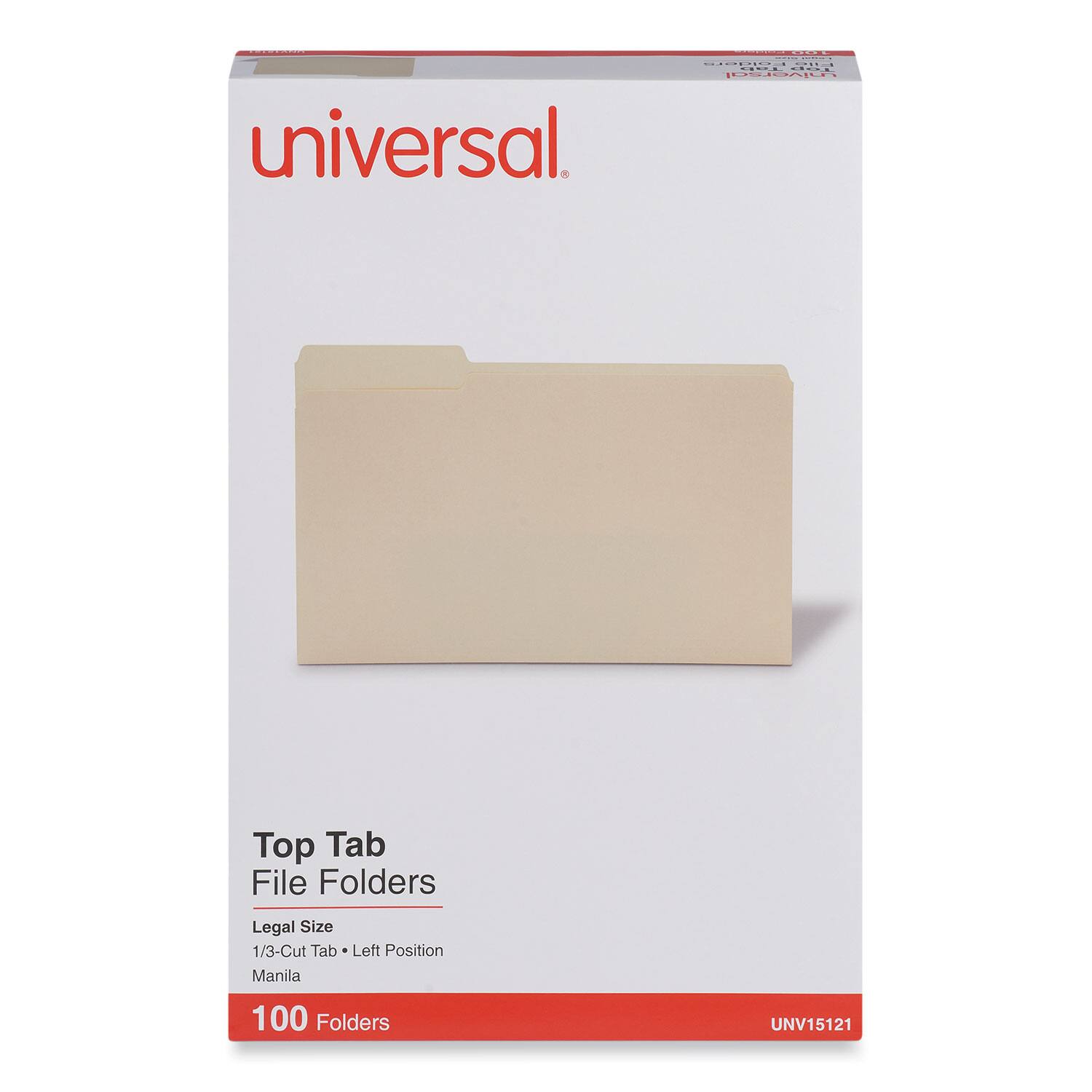 universal

Top Tab File Folders  
Legal Size  
1/3-Cut Tab • Left Position  
Manila  
100 Folders  

UNV15121