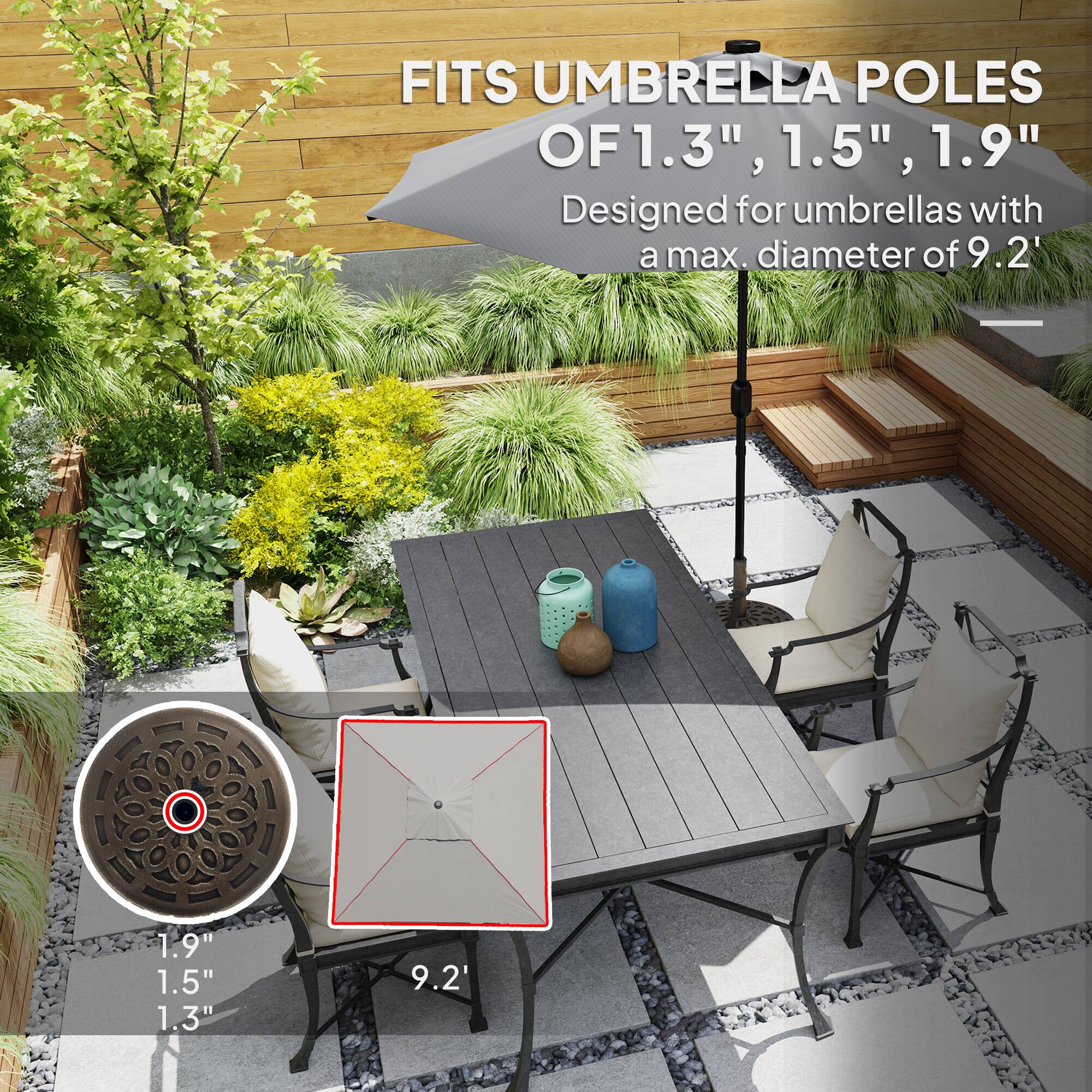 FITS UMBRELLA POLES OF 1.3", 1.5", 1.9" Designed for umbrellas with a max. diameter of 9.2'