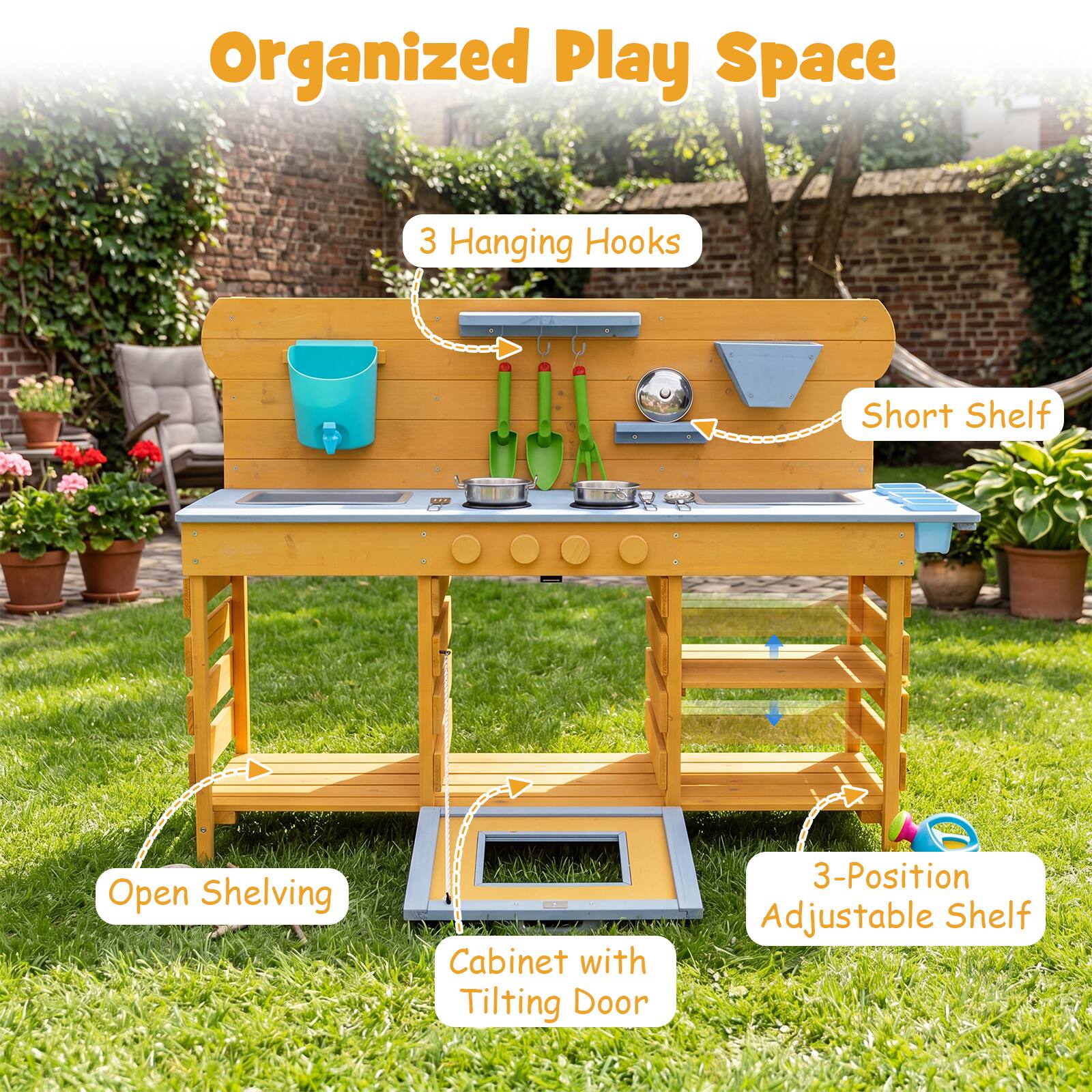 Organized Play Space  
3 Hanging Hooks  
Short Shelf  
Open Shelving  
Cabinet with Tilting Door  
3-Position Adjustable Shelf