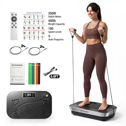 5 - 12 - - - Vibration Plate ERLI AR | : : : I MAON : : | 3 | 1 e - I i | - : I I - : : : ! 250W Stable Motor 450lb Weight Capacity 180 Speed Levels 5 Auto Programs SYEDEE : .. - I - : - - 6.6FT 0000 0 . SYEDEE