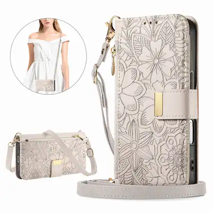 Front. Dteck - Floral Embossed Leather Zipper Cash Slot Wallet Case for Apple iPhone 17 with Detachable Strap - Beige.