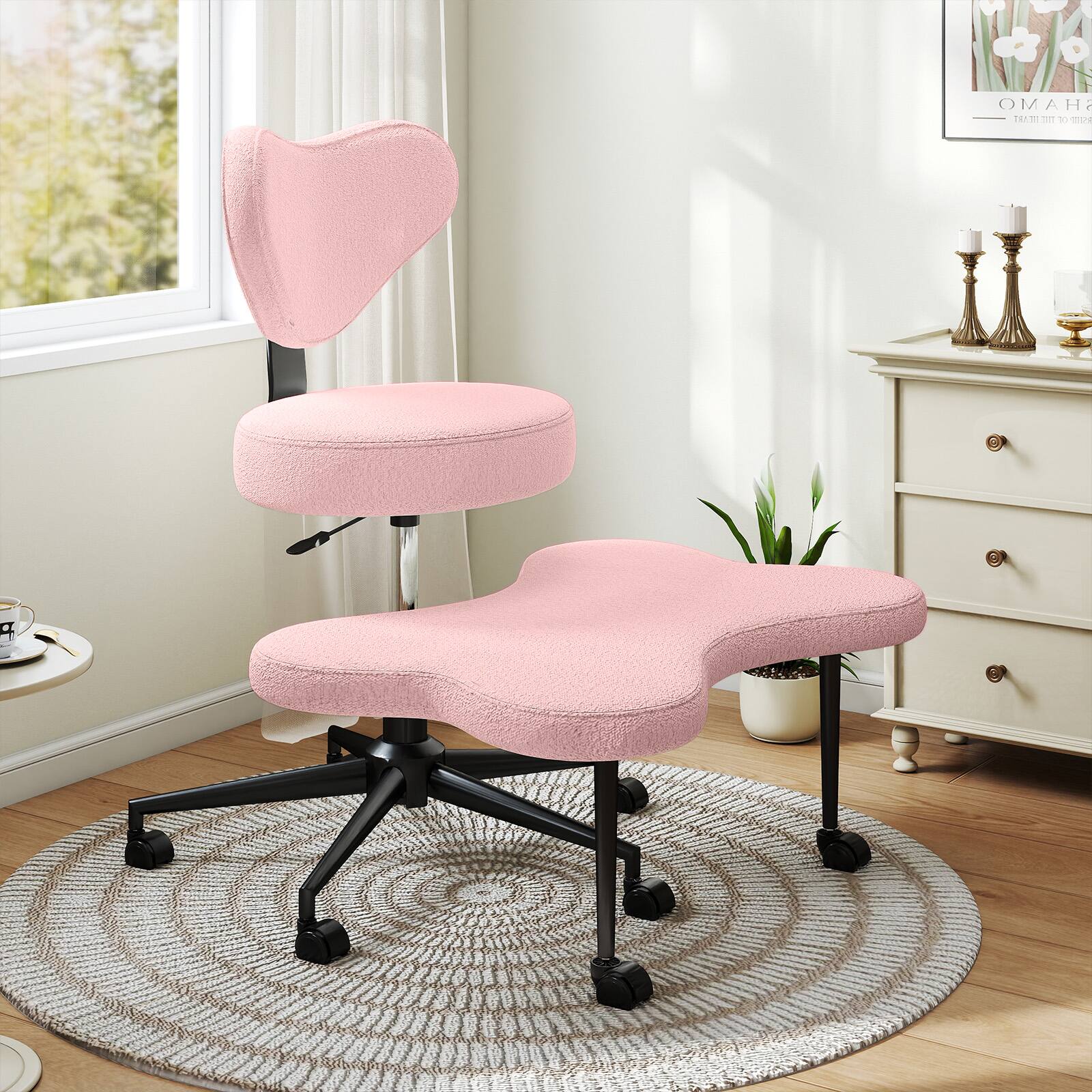 Pinmoco - Office Chair Ergonomic Cross-Legged Desk Chair with Height Adjustable Wheels Meditation Chair - Pink