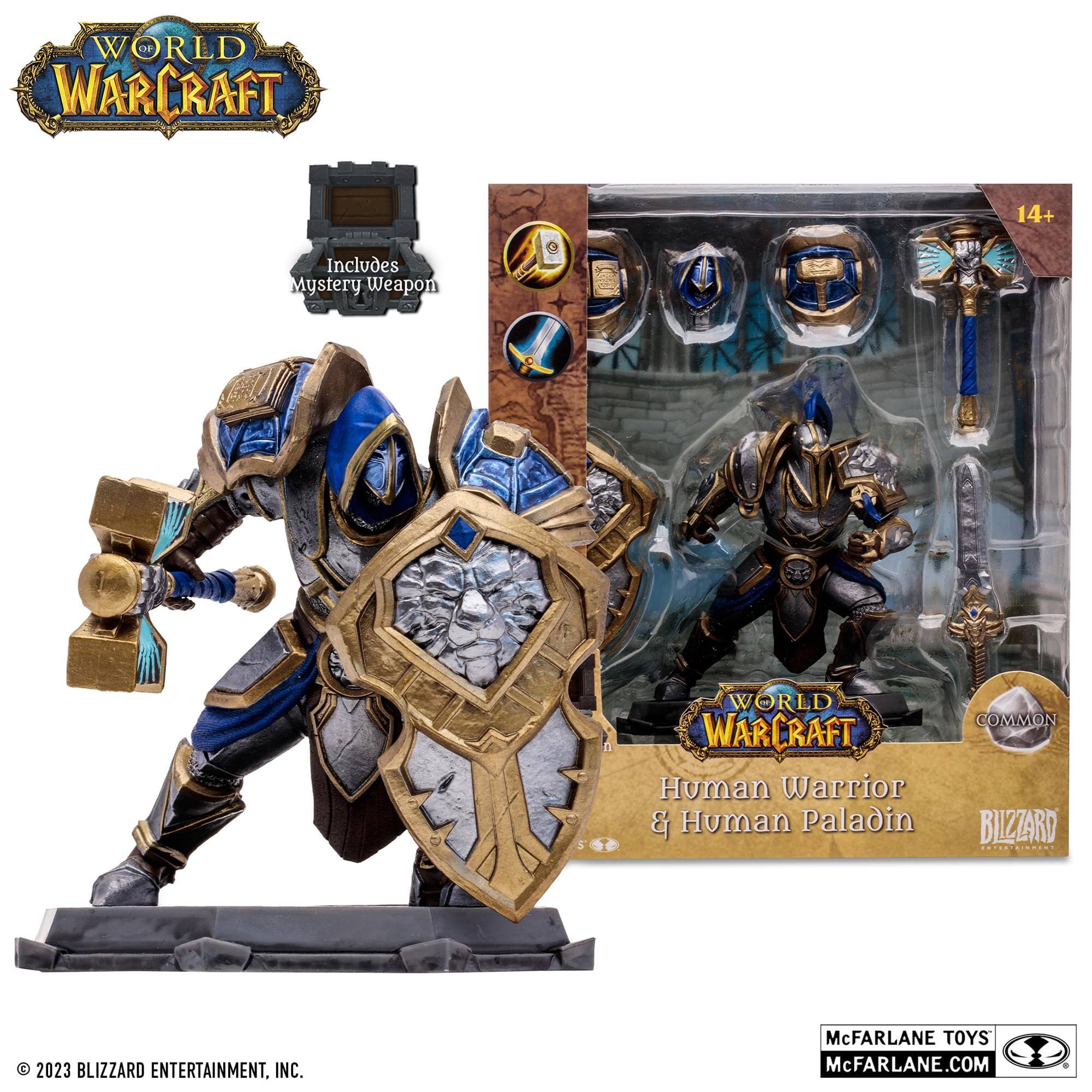 WORLD OF WARCRAFT  
14+  
Includes Mystery Weapon  

Human Warrior & Human Paladin  

COMMON  

© 2023 BLIZZARD ENTERTAINMENT, INC.  

McFARLANE TOYS  
McFARLANE.COM