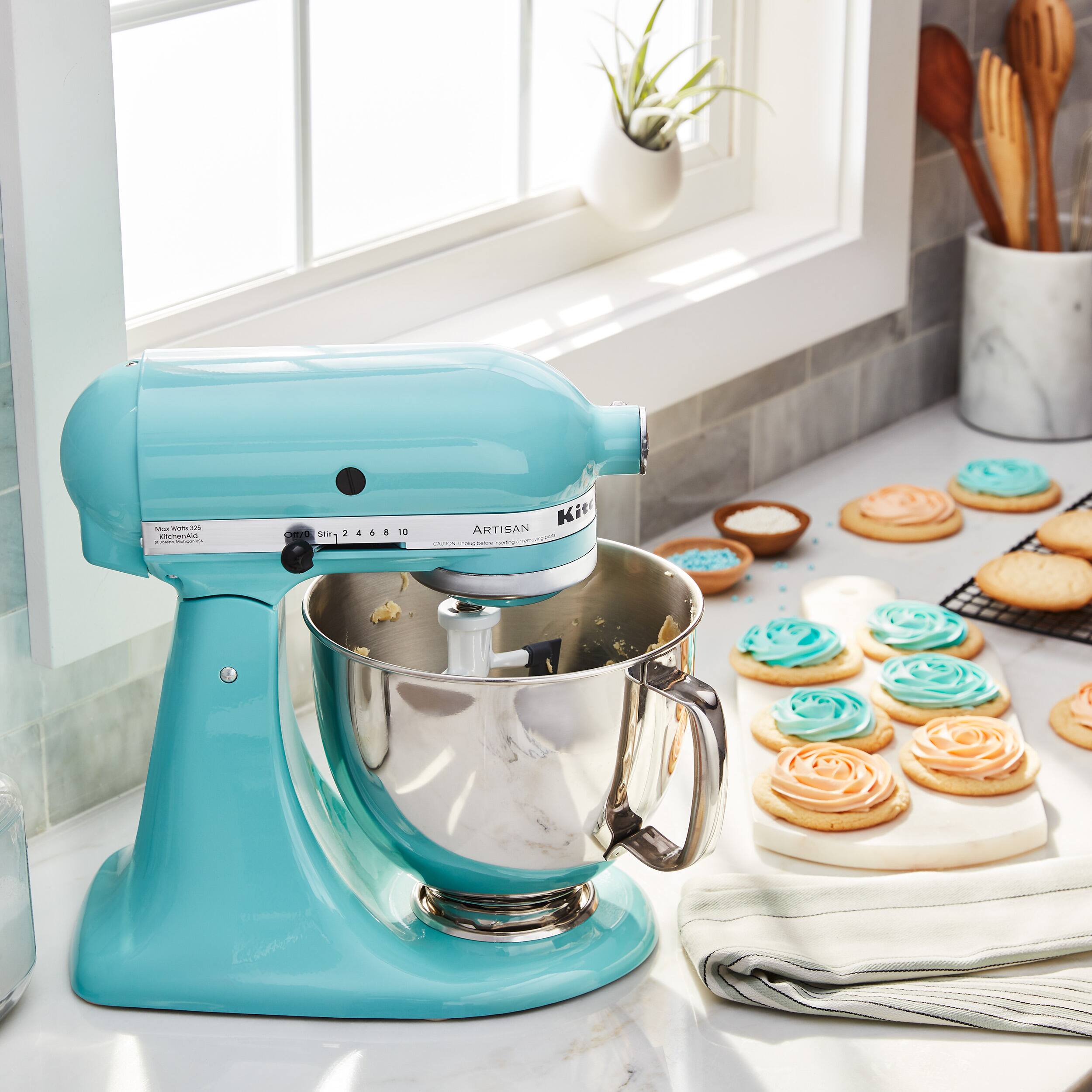 Left. KitchenAid - KitchenAid Artisan Series 5 Quart Tilt-Head Stand Mixer with Flex Edge Beater Value Bundle - KSM150FEAQ - Aqua Sky.