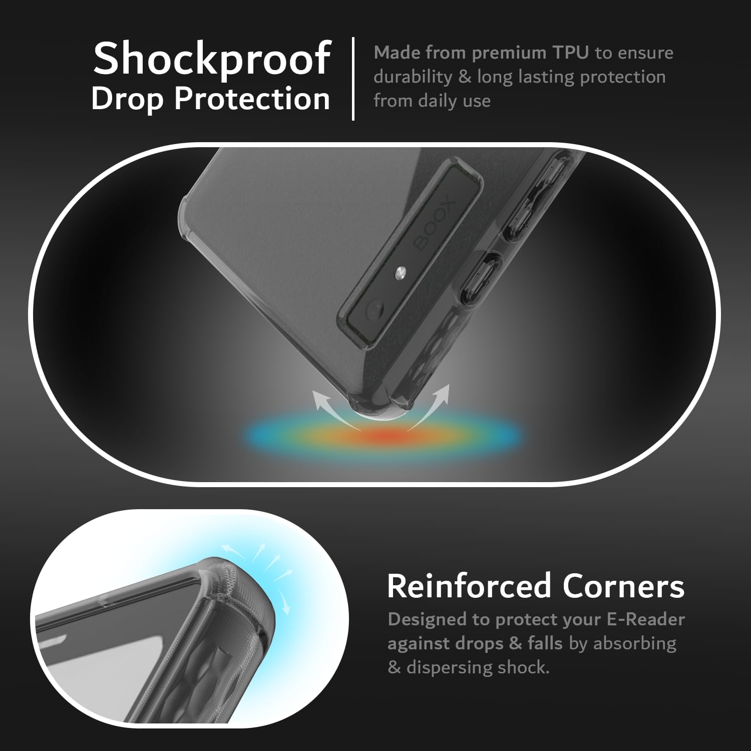 Made from premium TPU to ensure durability & long-lasting protection from daily use.

Shockproof Drop Protection

Reinforced Corners
Designed to protect your E-Reader against drops & falls by absorbing & dispersing shock.