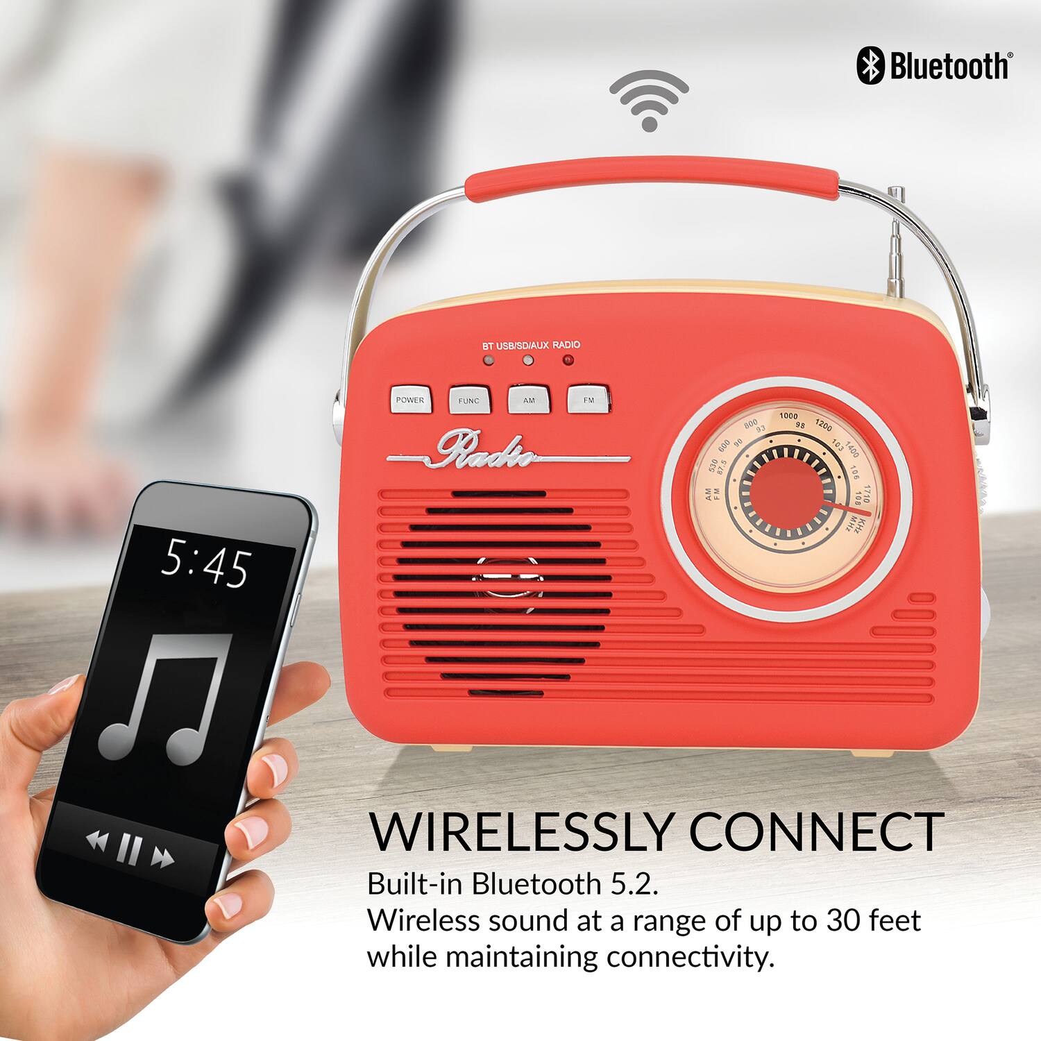 Bluetooth USB/SDALX RADIO 5:45 POWER TUNIC AM Fadso 8og D BON 1 SYS B. AM : 1000 PE 1200 1450 188 PO1 02 MH Ke WIRELESSLY CONNECT Built-in Bluetooth 5.2. Wireless sound at a range of up to 30 feet while maintaining connectivity.