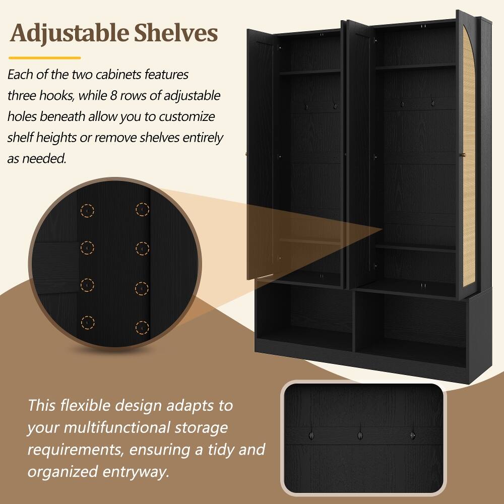 Adjustable Shelves

Each of the two cabinets features three hooks, while 8 rows of adjustable holes beneath allow you to customize shelf heights or remove shelves entirely as needed.

This flexible design adapts to your multifunctional storage requirements, ensuring a tidy and organized entryway.