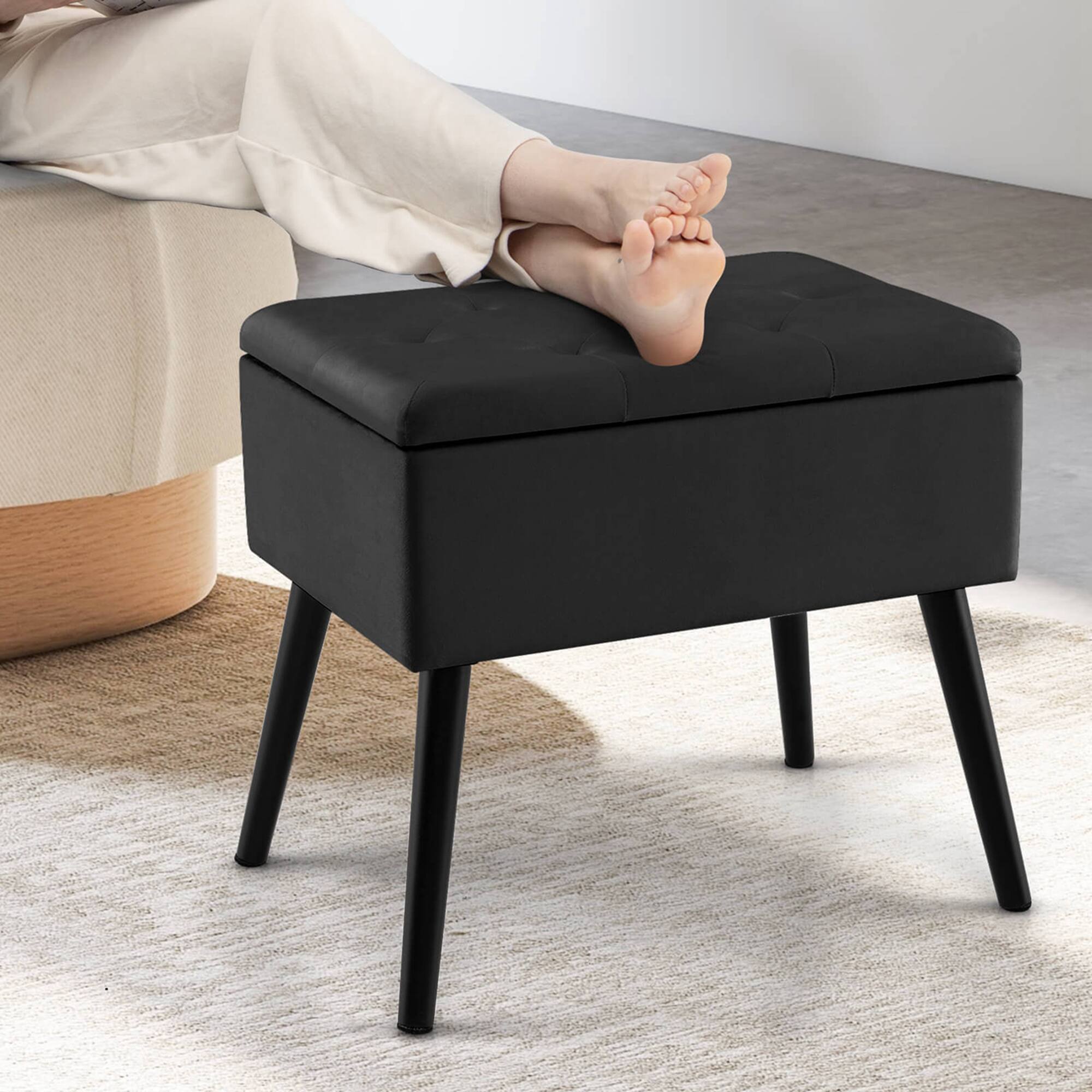 Alt View 3. Costway - Costway 1 PCS Velvet Storage Ottoman Tufted Flip Top Vanity Stool Footrest with Wood Legs - Black.