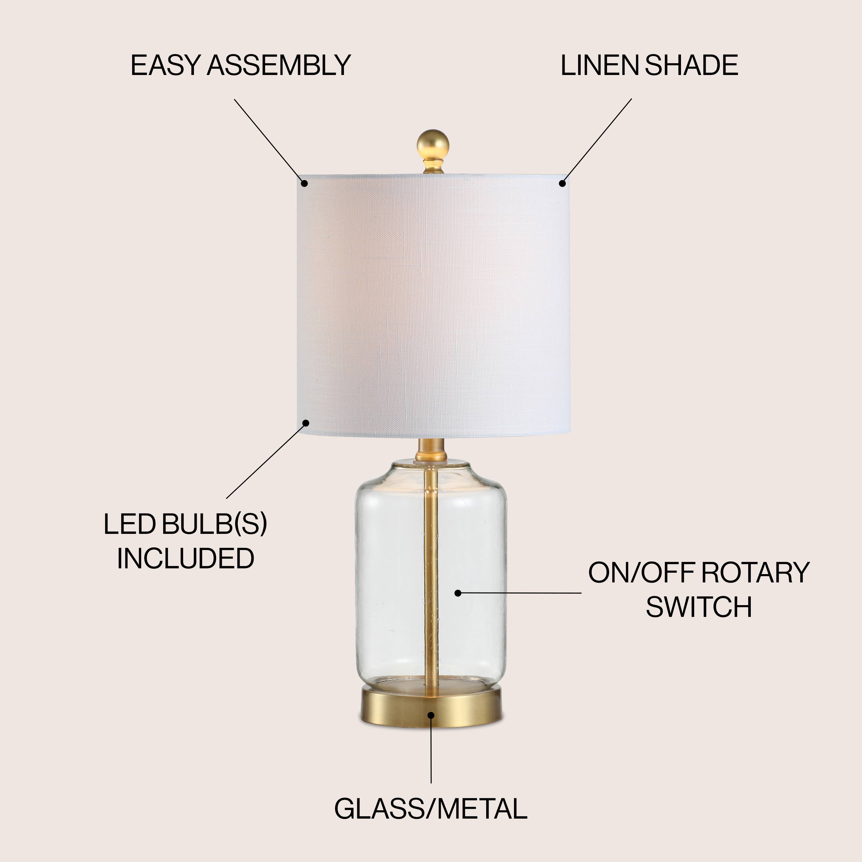 EASY ASSEMBLY  
LINEN SHADE  
LED BULB(S) INCLUDED  
ON/OFF ROTARY SWITCH  
GLASS/METAL