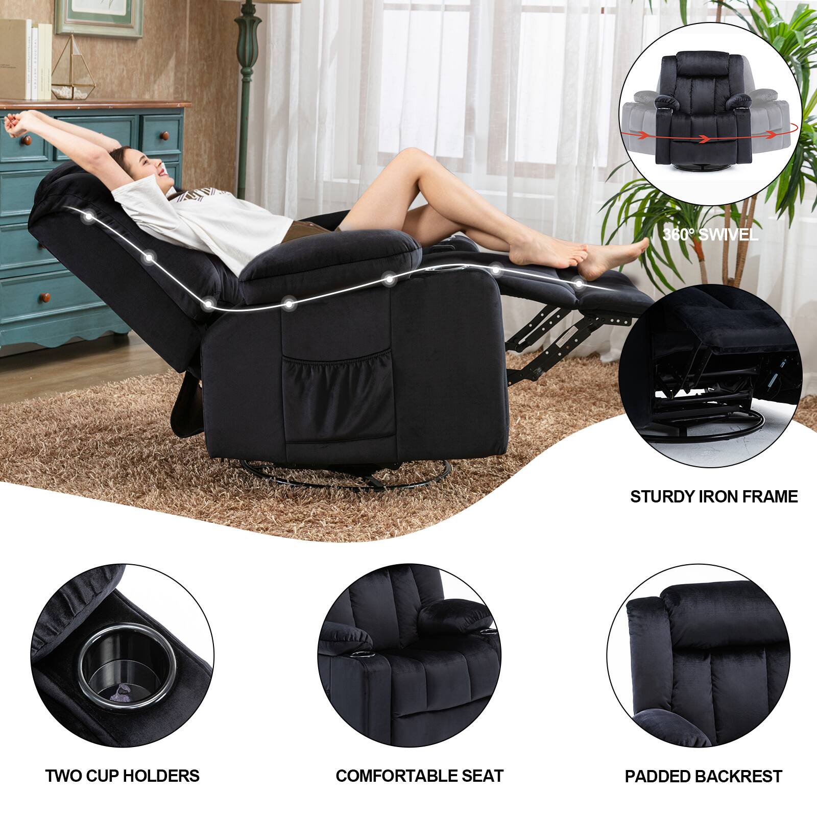 360 SWIVEL, STURDY IRON FRAME, TWO CUP HOLDERS, COMFORTABLE SEAT, PADDED BACKREST