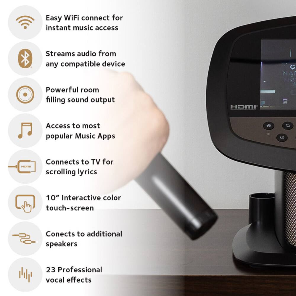 - Easy WiFi connect for instant music access
- Streams audio from any compatible device
- Powerful room filling sound output
- Access to most popular Music Apps
- Connects to TV for scrolling lyrics
- 10" Interactive color touch-screen
- Connects to additional speakers
- 23 Professional vocal effects
