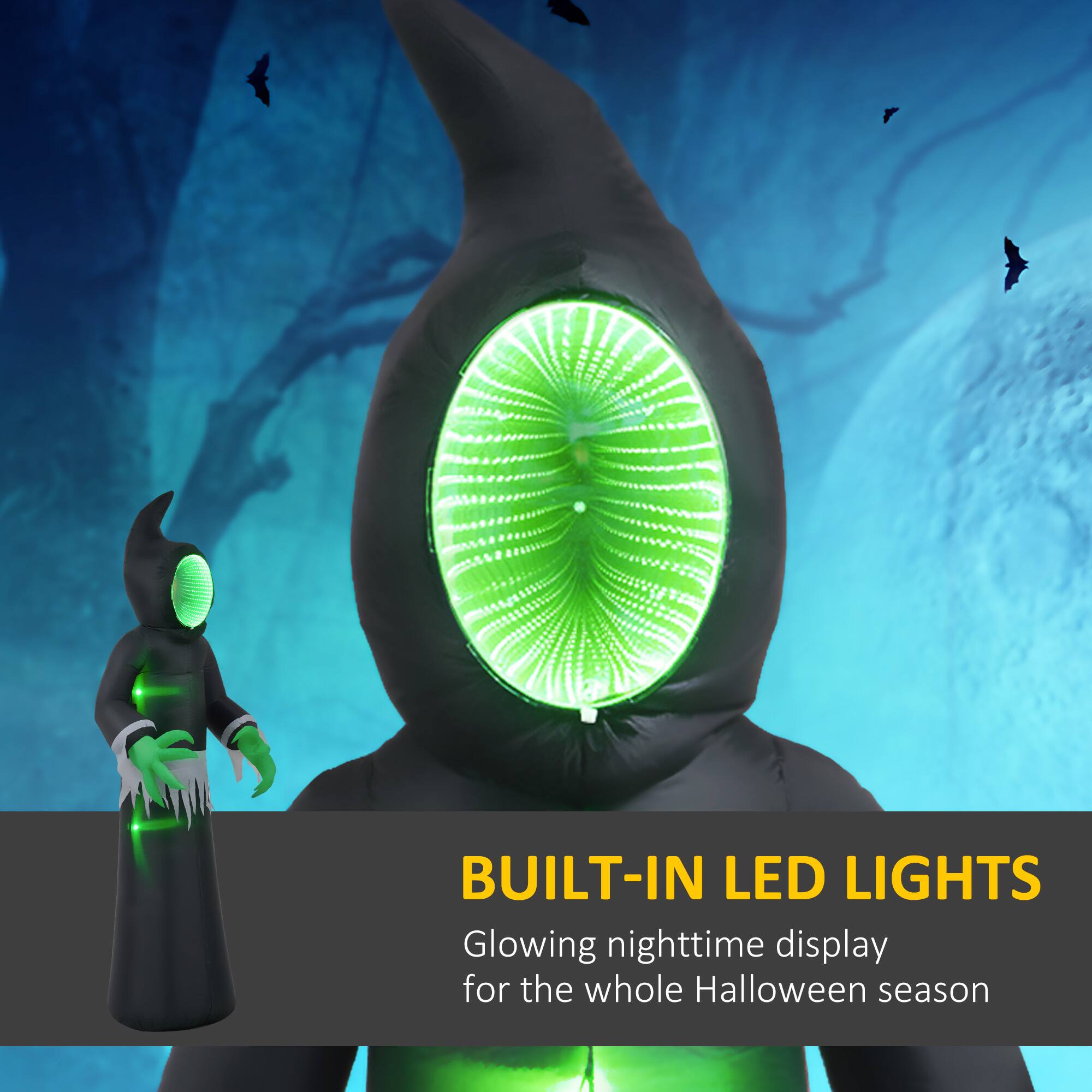 BUILT-IN LED LIGHTS: Glowing nighttime display for the whole Halloween season.