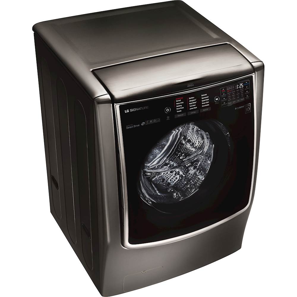 Angle View: LG - SIGNATURE 5.8 Cu. Ft. High-Efficiency Smart Front Load Washer with Steam and TurboWash Technology - Premium Black Stainless Steel