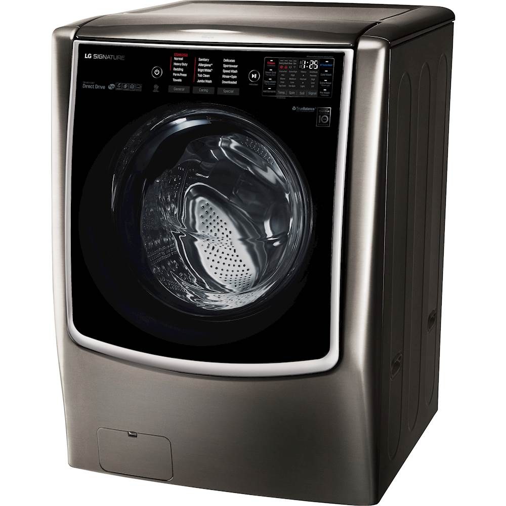 Left View: LG - SIGNATURE 5.8 Cu. Ft. High-Efficiency Smart Front Load Washer with Steam and TurboWash Technology - Black Stainless Steel